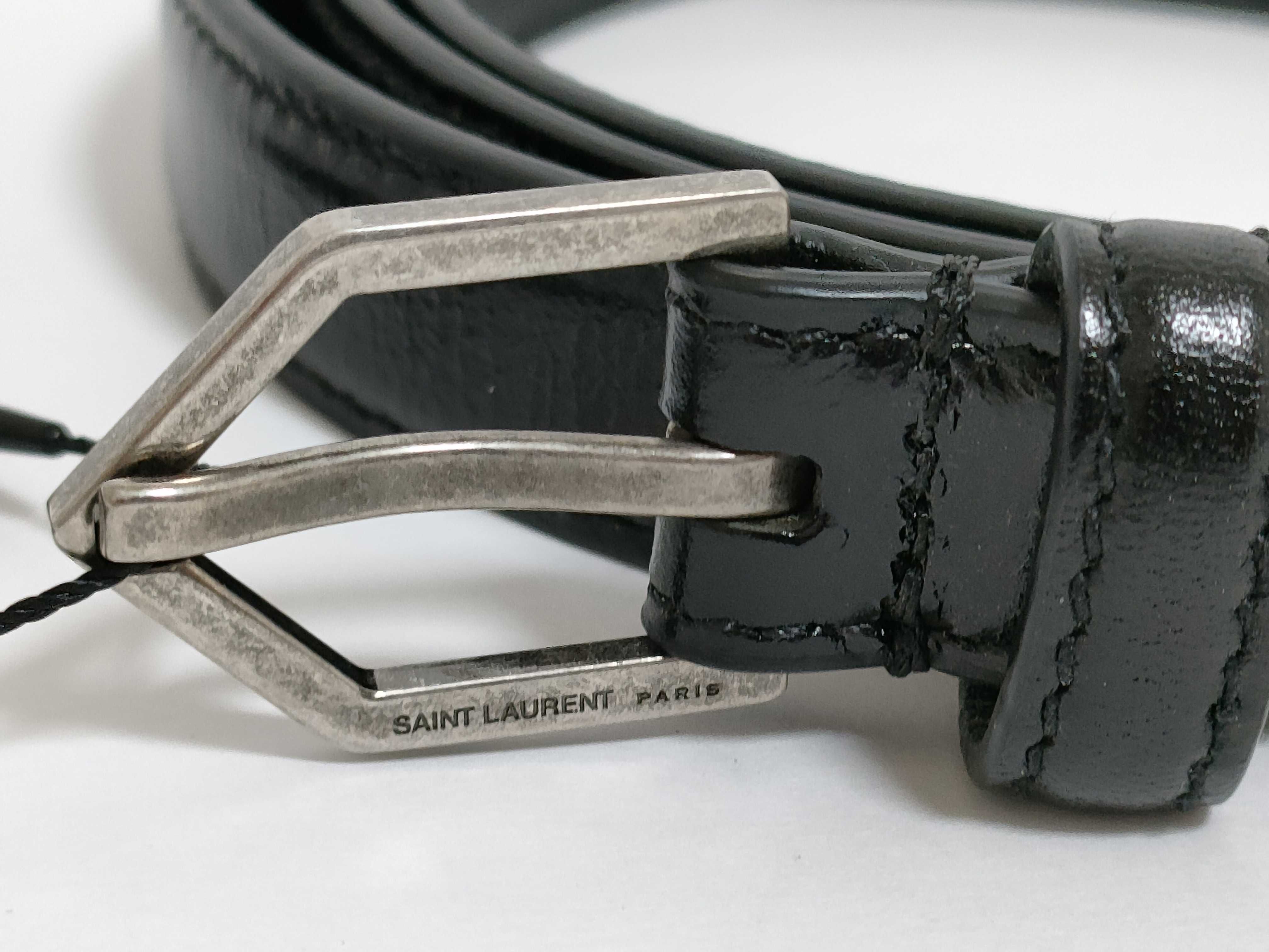 Saint Laurent Paris Narrow Leather Belt with Geometric Buckle