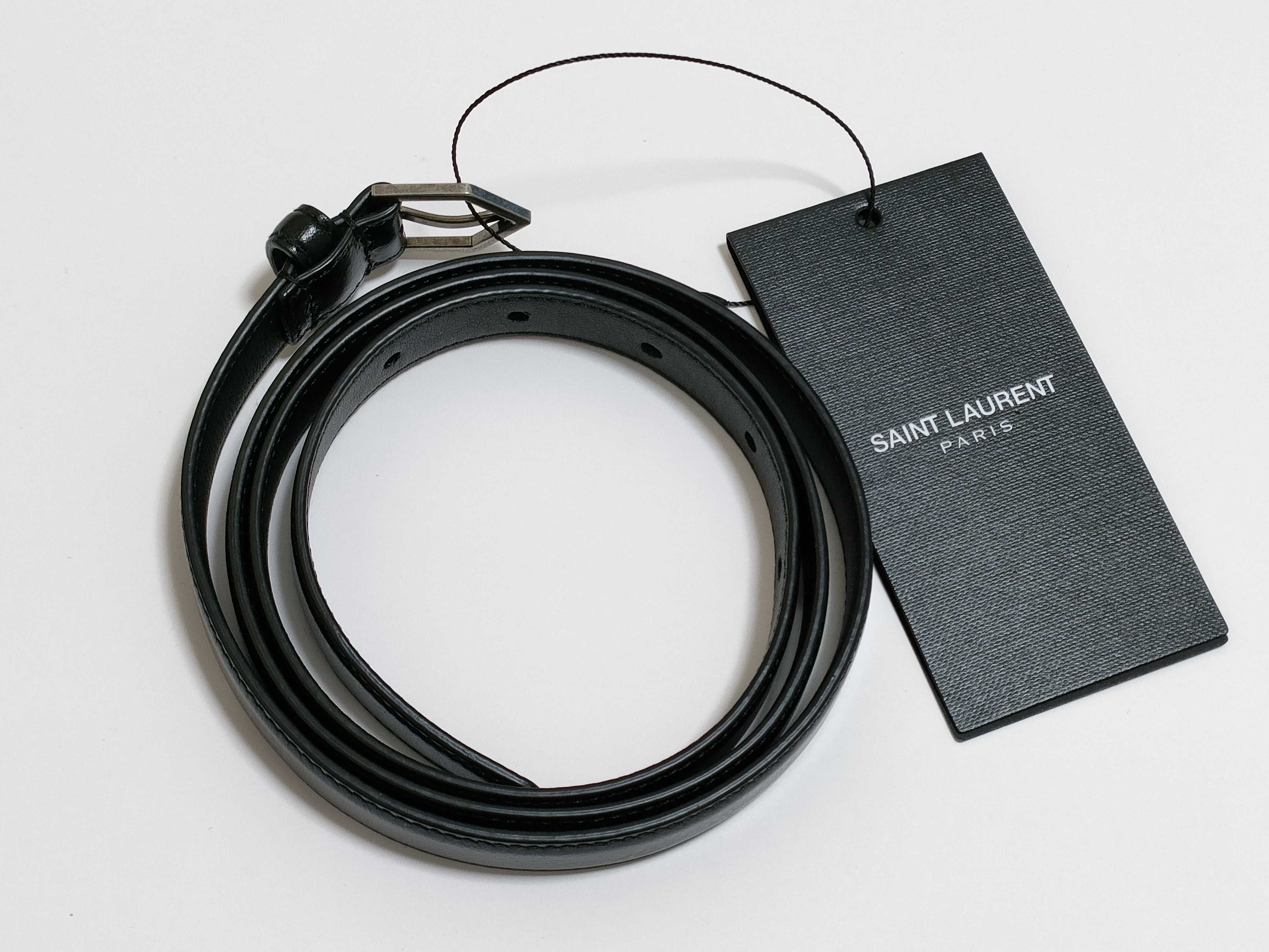 Saint Laurent Paris Narrow Leather Belt with Geometric Buckle