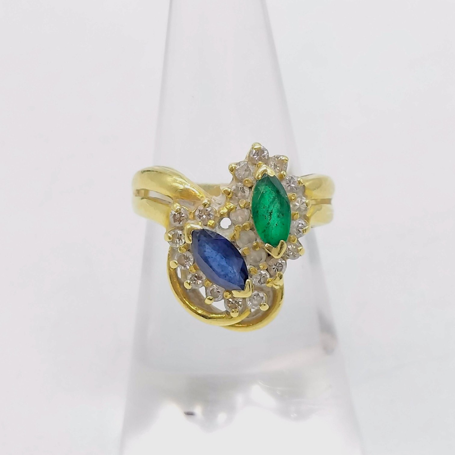 18K Yellow Gold Sapphire and Emerald Bypass Ring with Diamond Accents