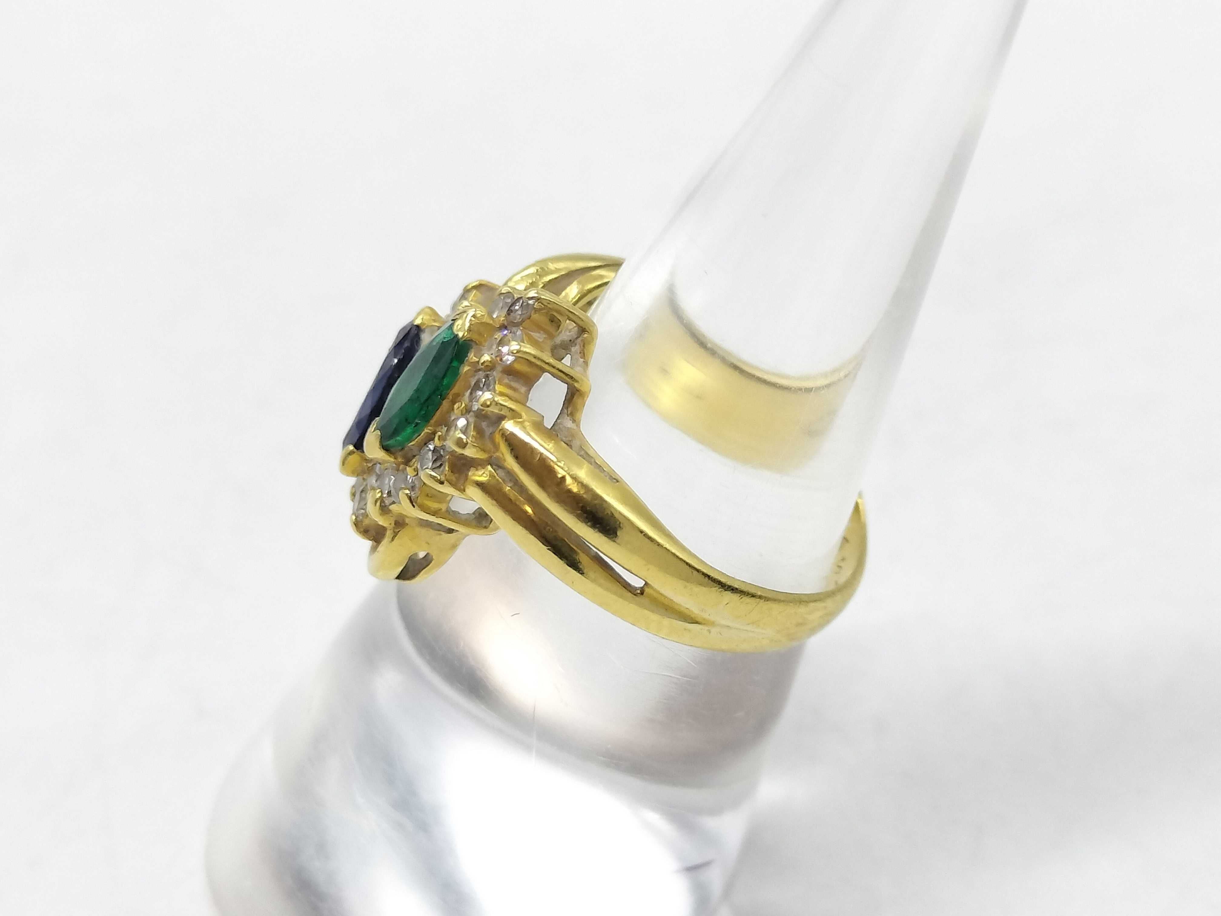 18K Yellow Gold Sapphire and Emerald Bypass Ring with Diamond Accents