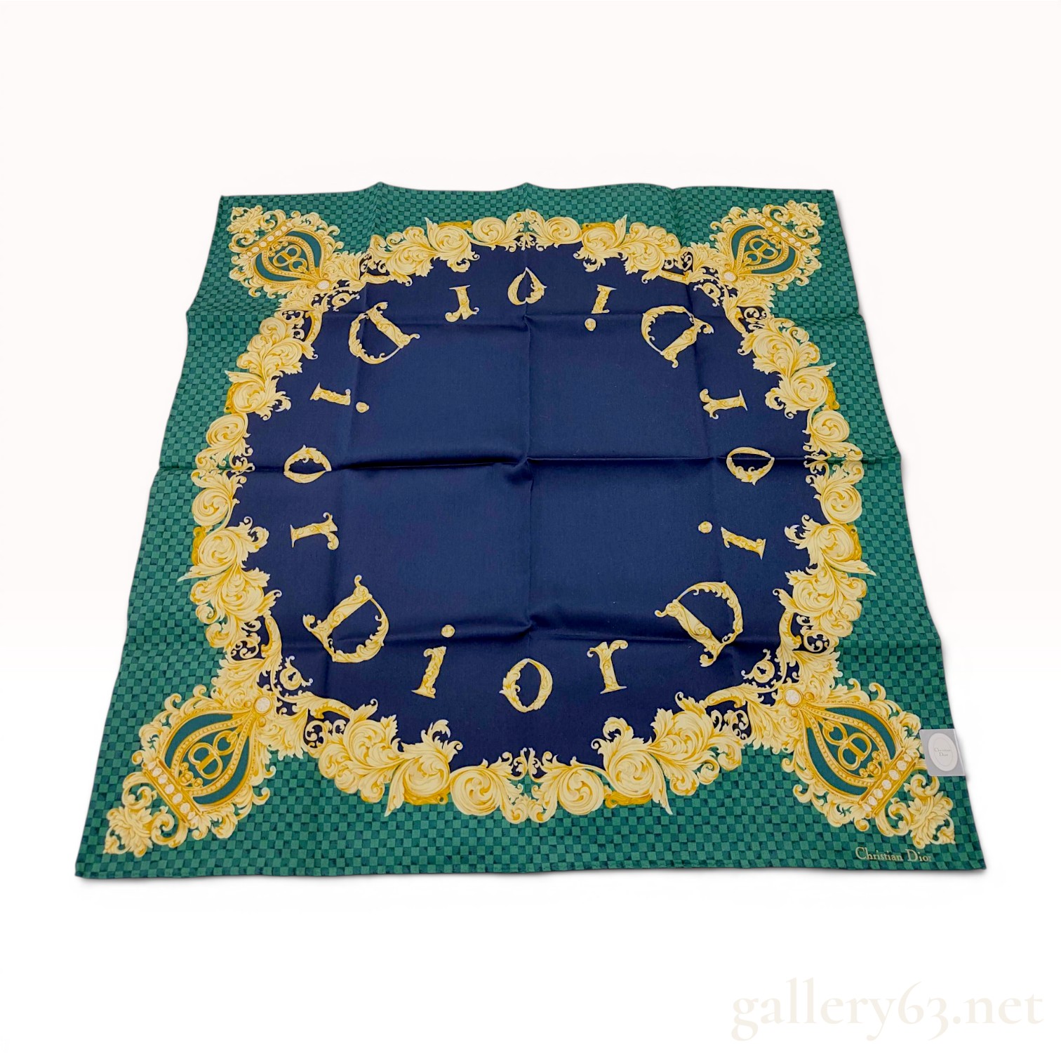 Christian Dior Square Silk Scarf with Baroque CD Monogram Motif and Damier Border
