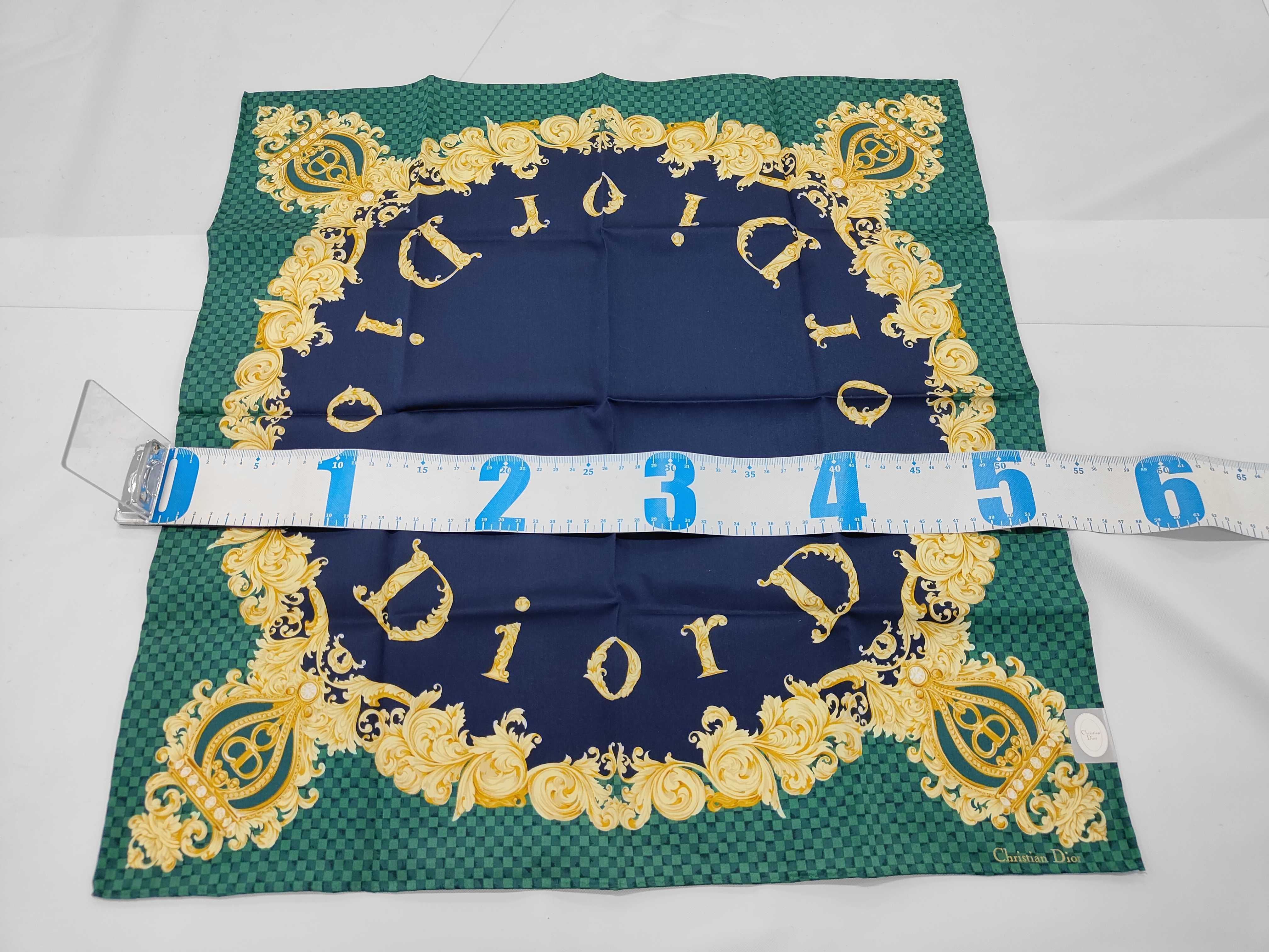 Christian Dior Square Silk Scarf with Baroque CD Monogram Motif and Damier Border