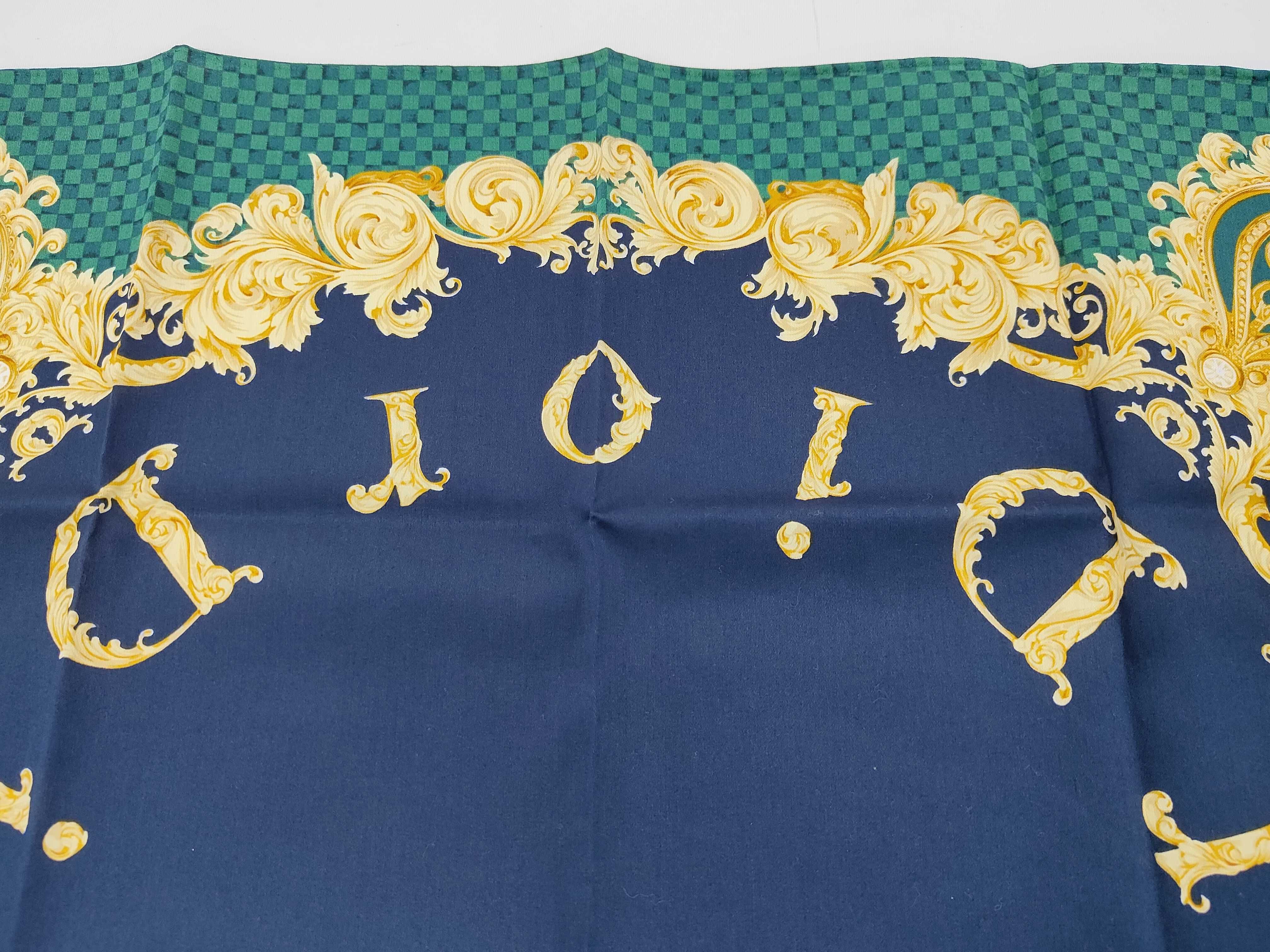 Christian Dior Square Silk Scarf with Baroque CD Monogram Motif and Damier Border