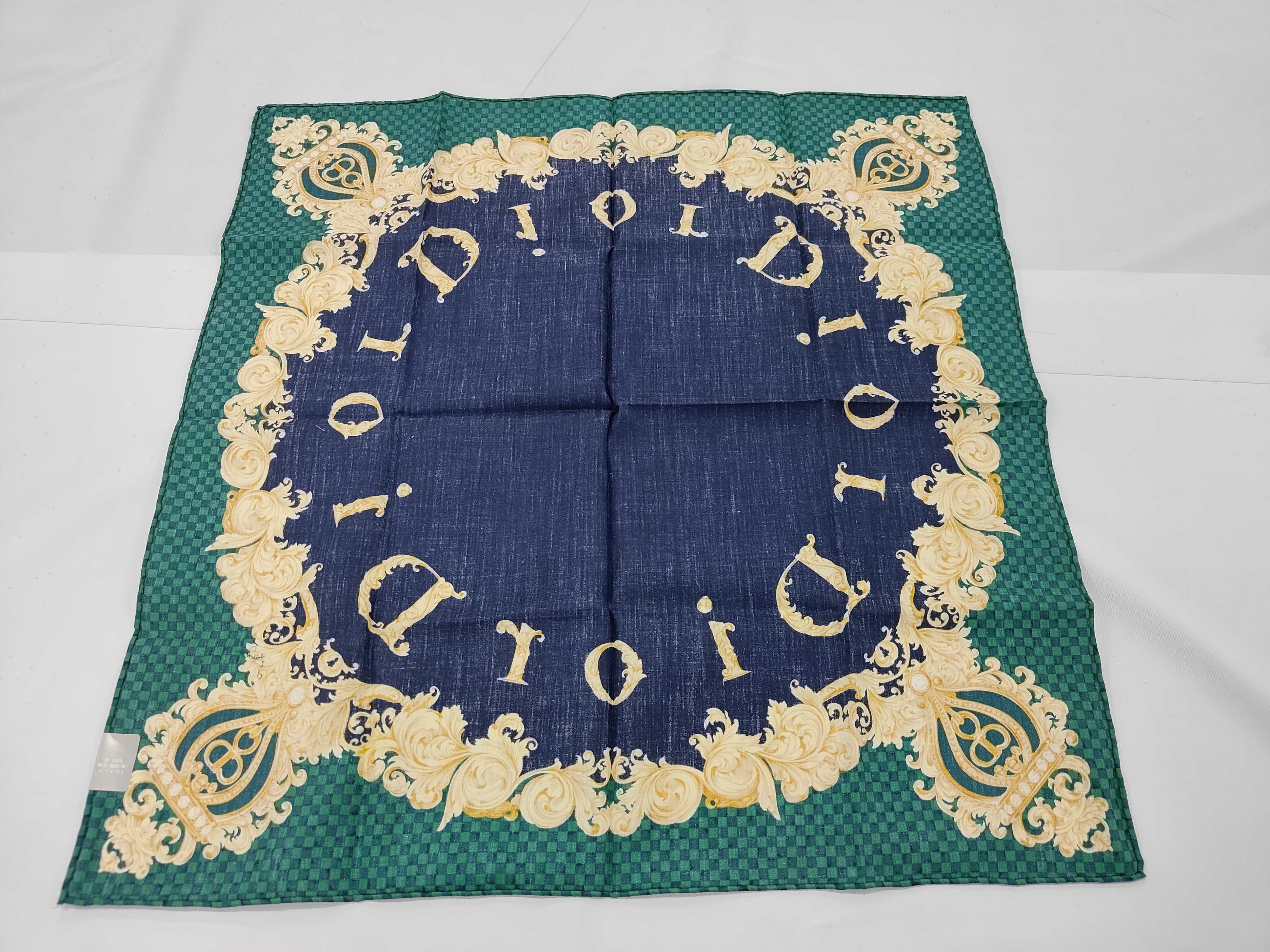 Christian Dior Square Silk Scarf with Baroque CD Monogram Motif and Damier Border