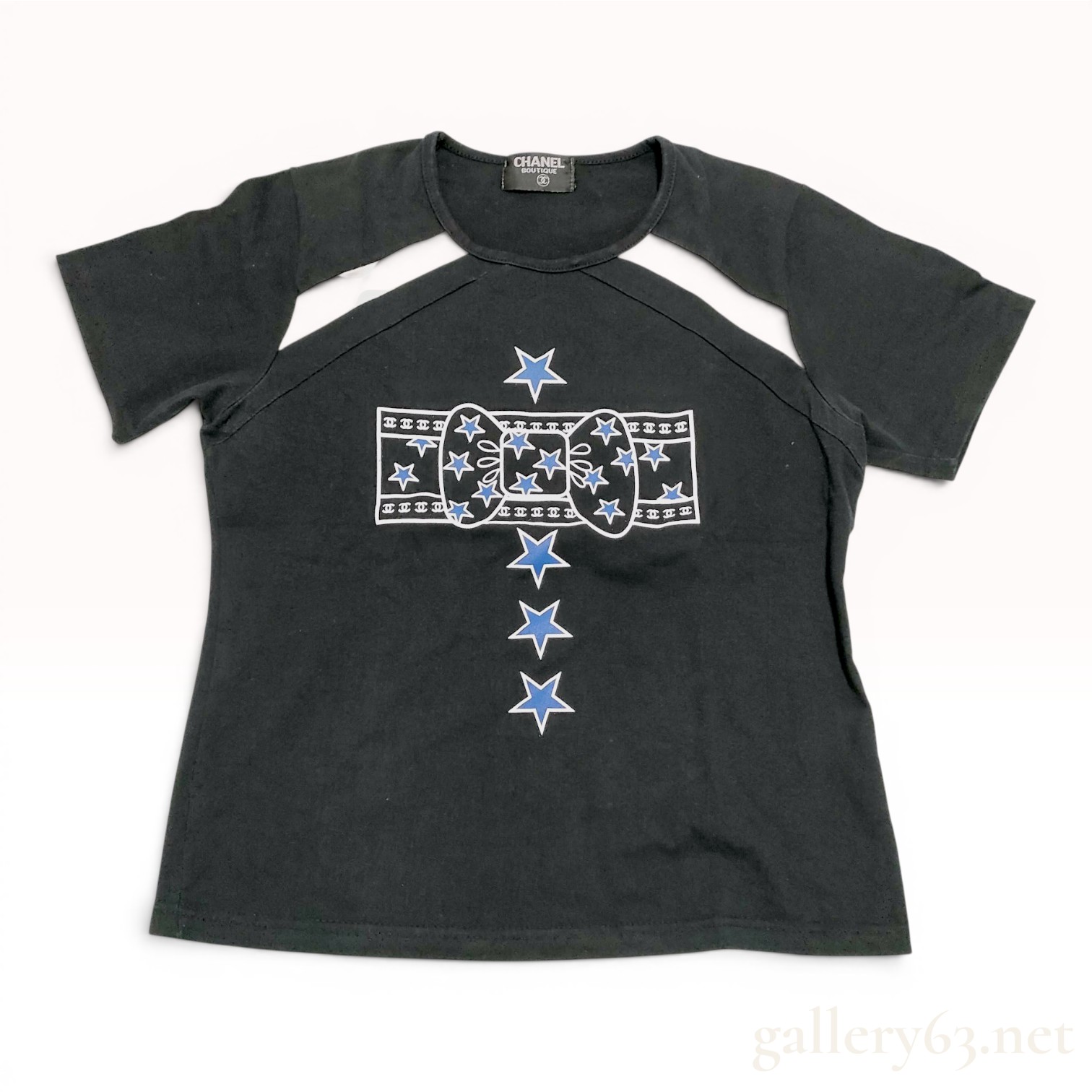 Vintage Chanel Boutique Black Cotton Graphic T-Shirt with Shoulder Cut-Outs