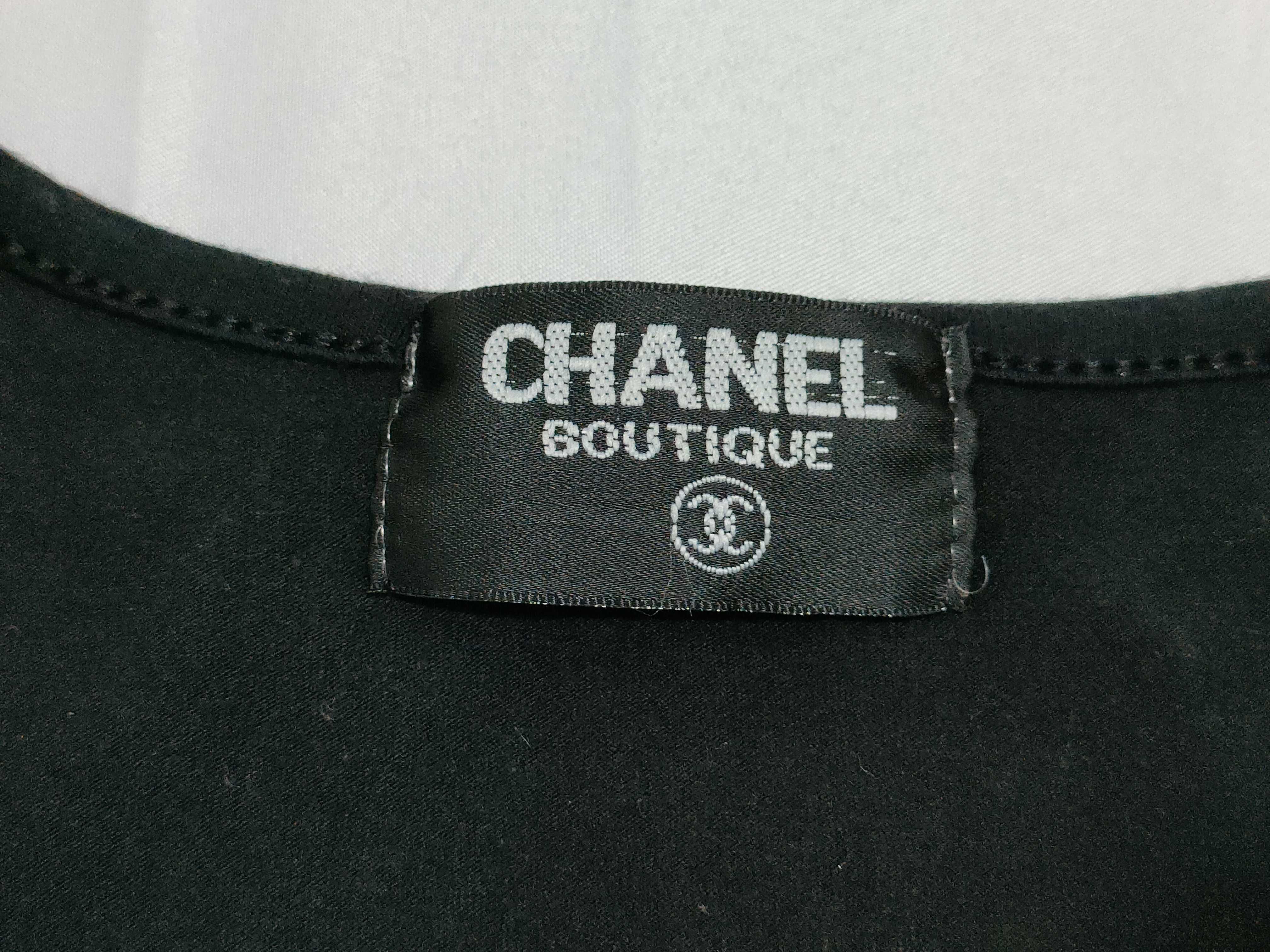 Vintage Chanel Boutique Black Cotton Graphic T-Shirt with Shoulder Cut-Outs
