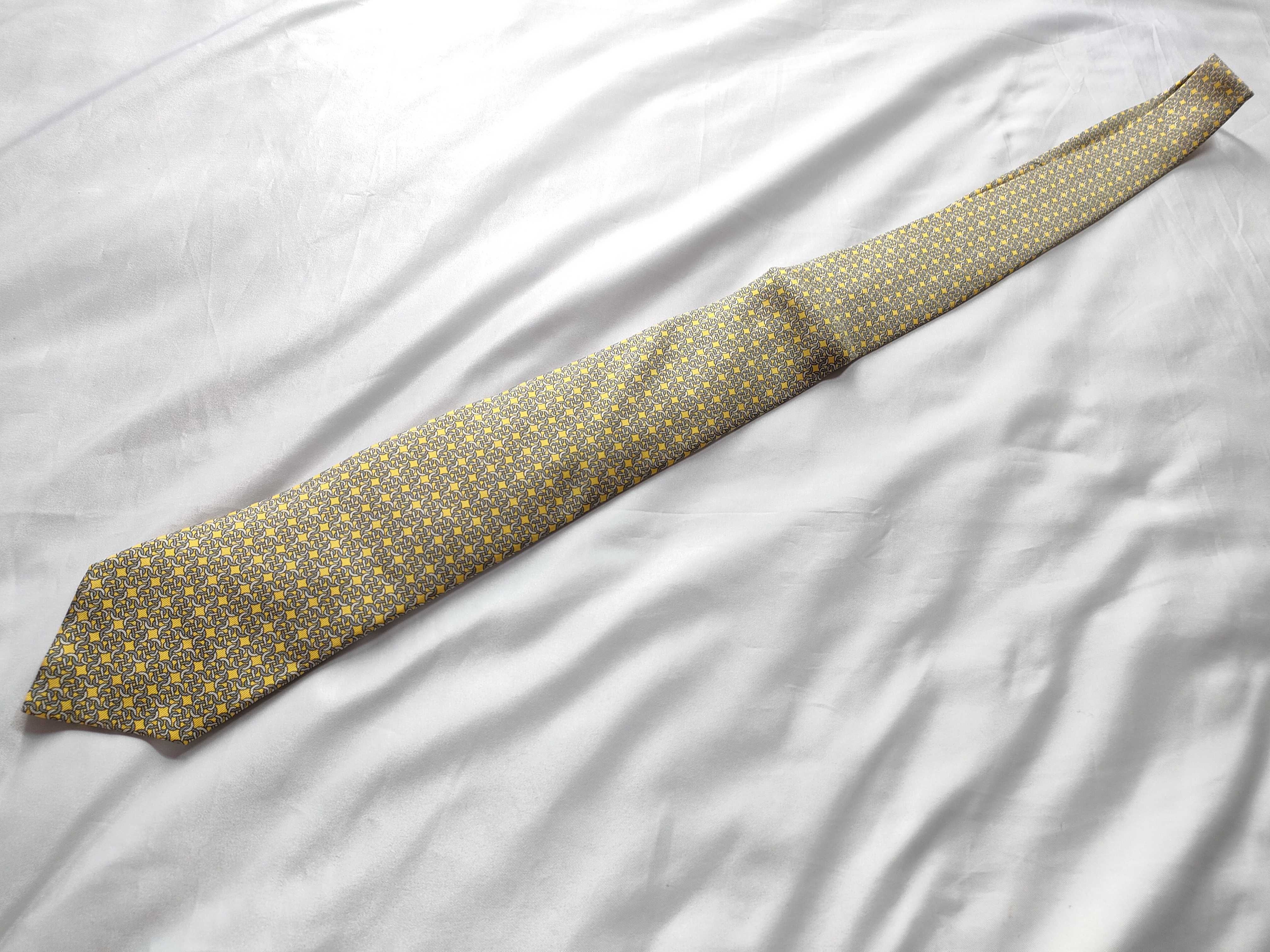 Hermes Mousquetons Silk Twill Necktie in Jaune Gris Perle with Original Box