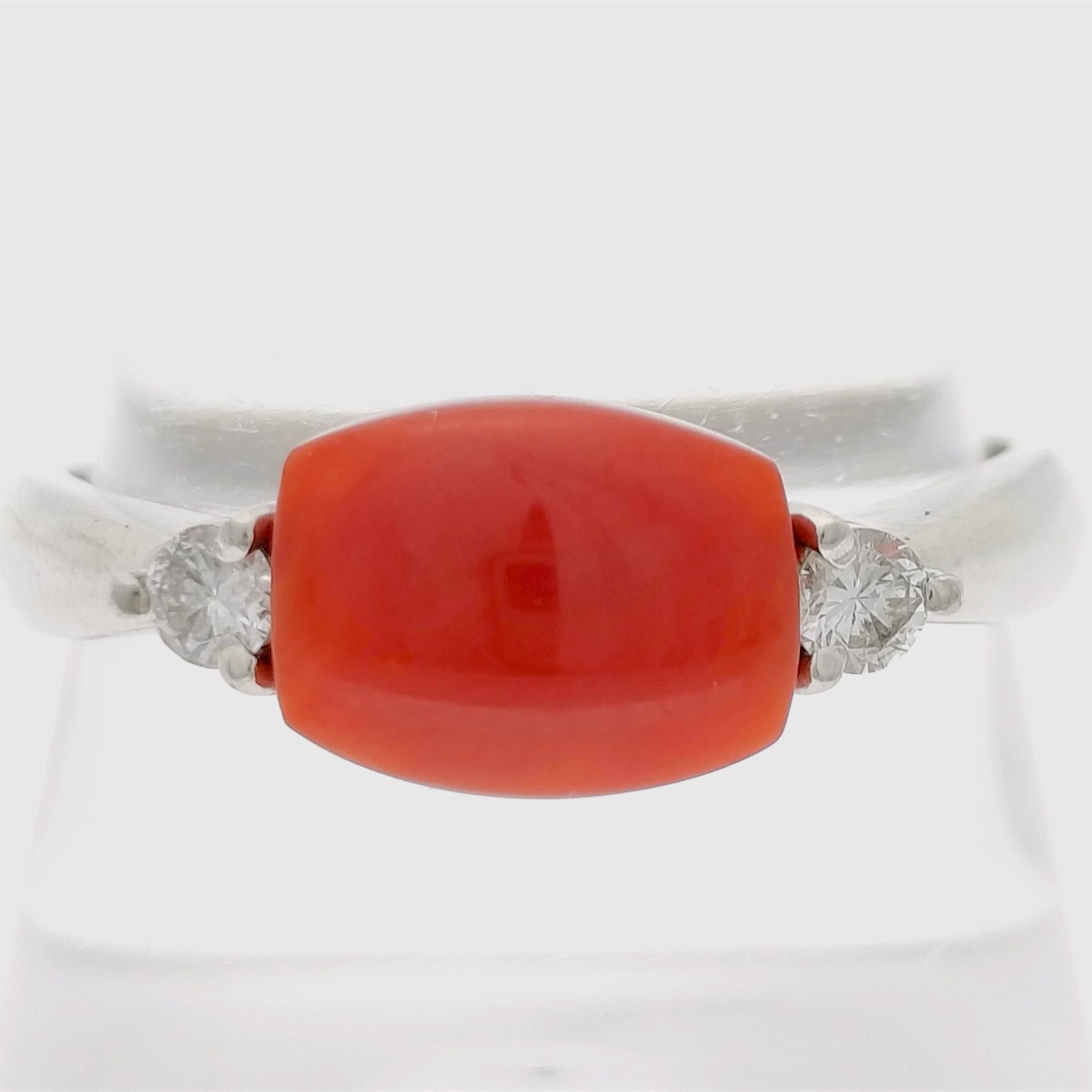 Antique Red Coral Cabochon and Diamond Platinum Ring