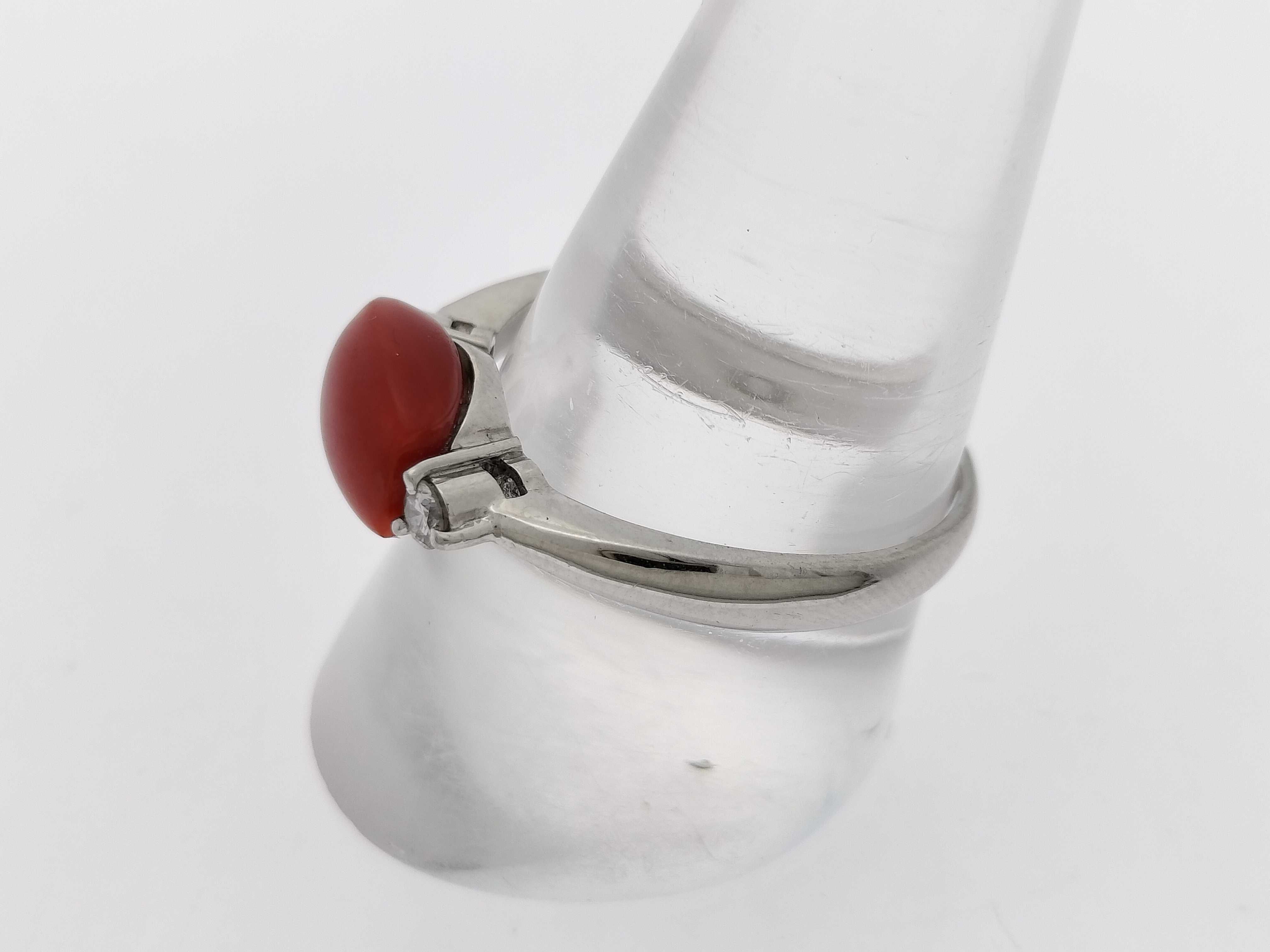 Antique Red Coral Cabochon and Diamond Platinum Ring