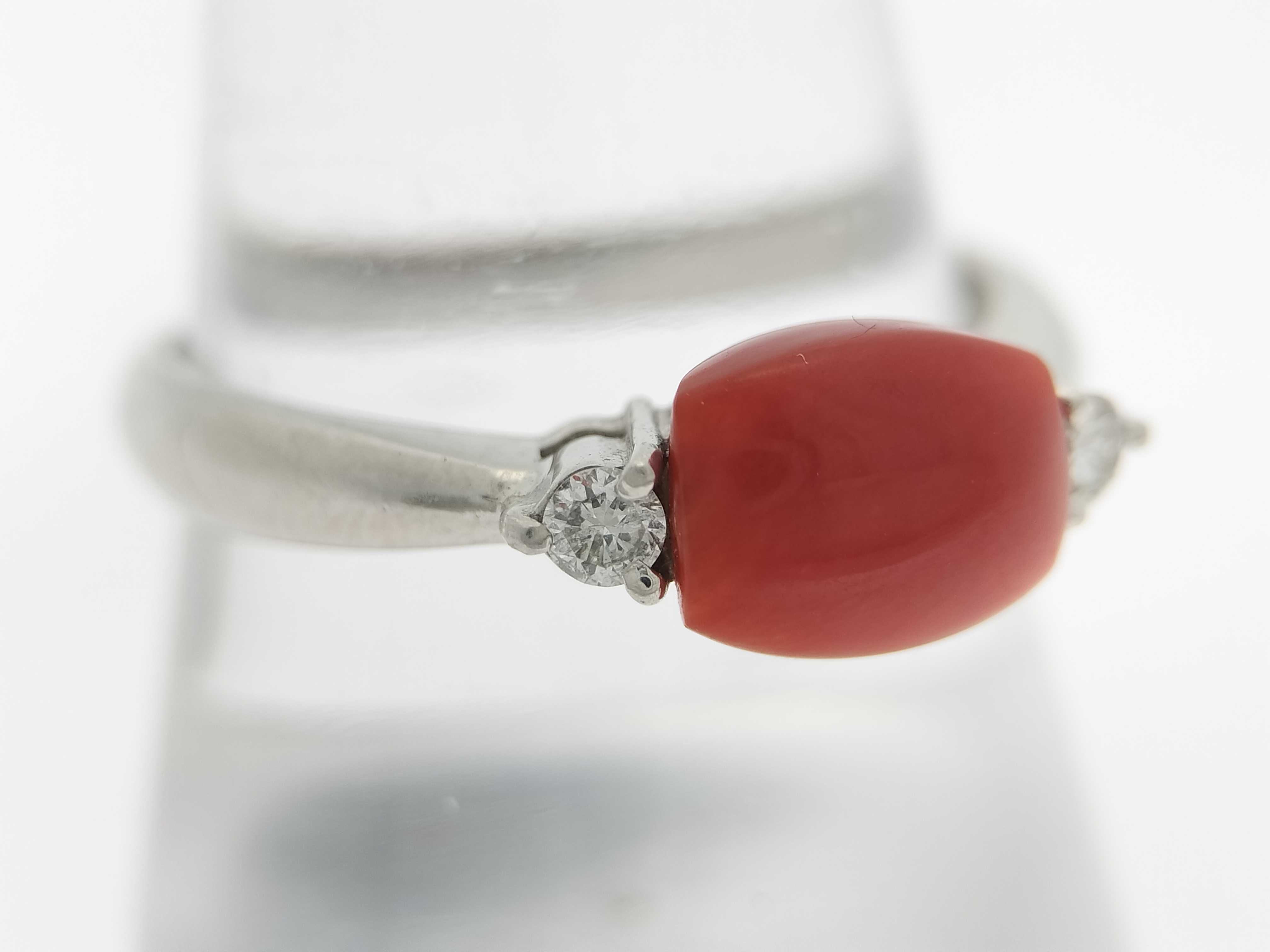 Antique Red Coral Cabochon and Diamond Platinum Ring