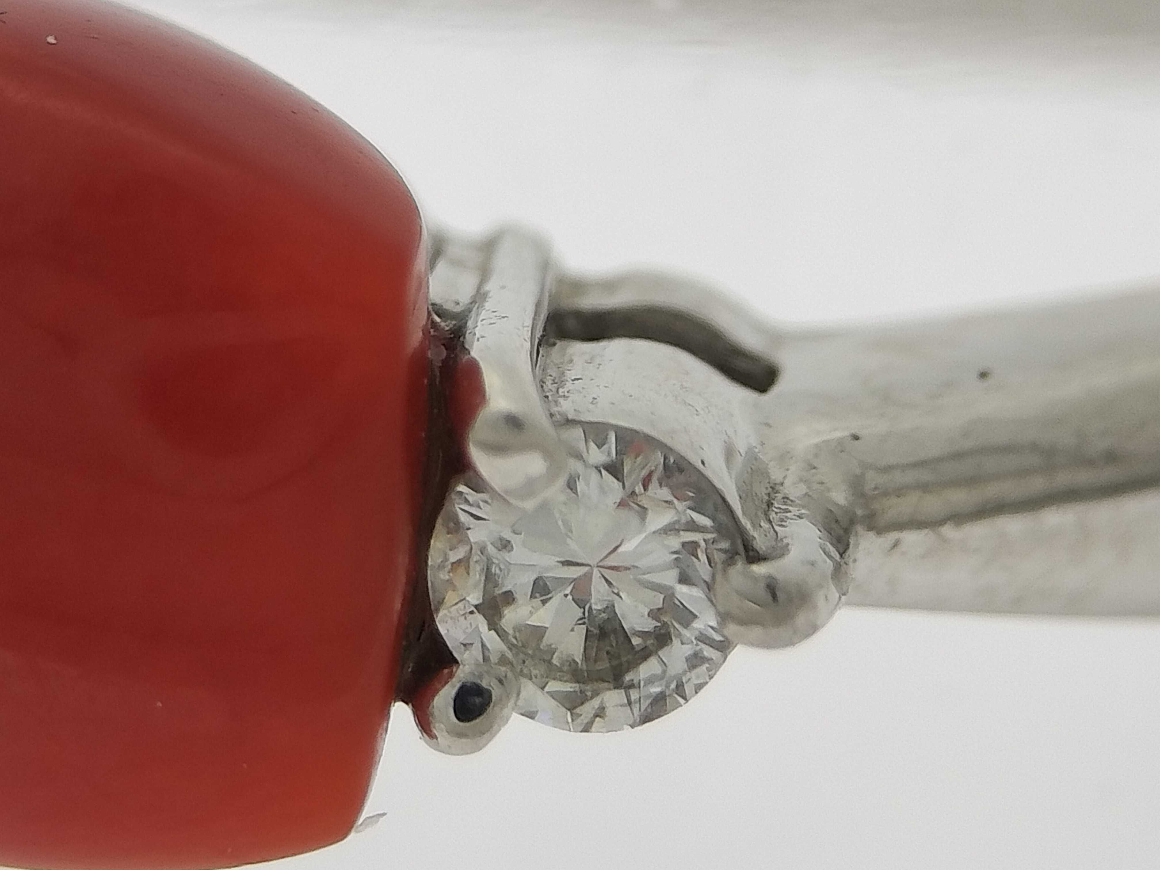 Antique Red Coral Cabochon and Diamond Platinum Ring