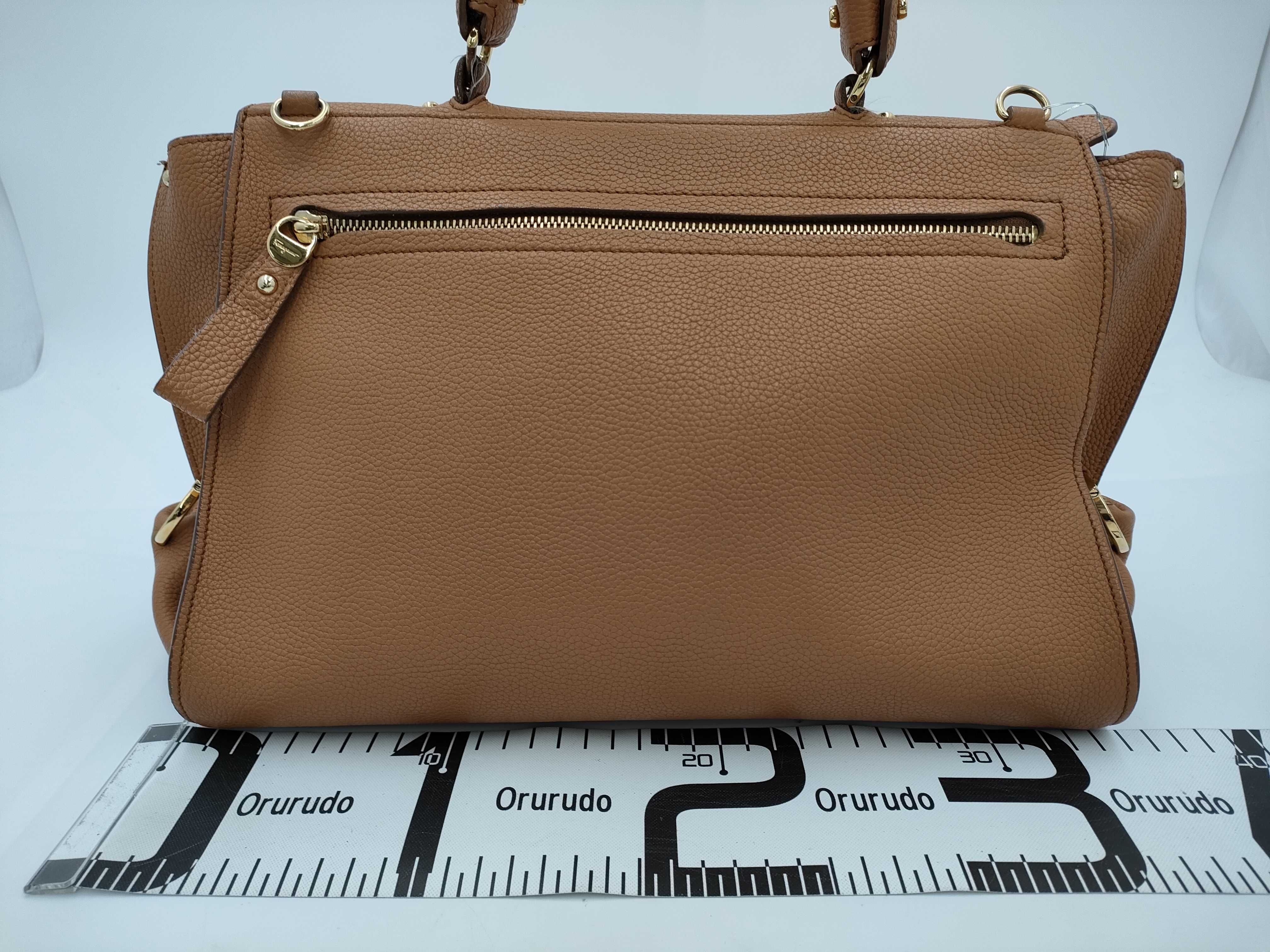 Salvatore Ferragamo Tan Pebbled Leather Gancini 2-Way Handbag with Gold Hardware
