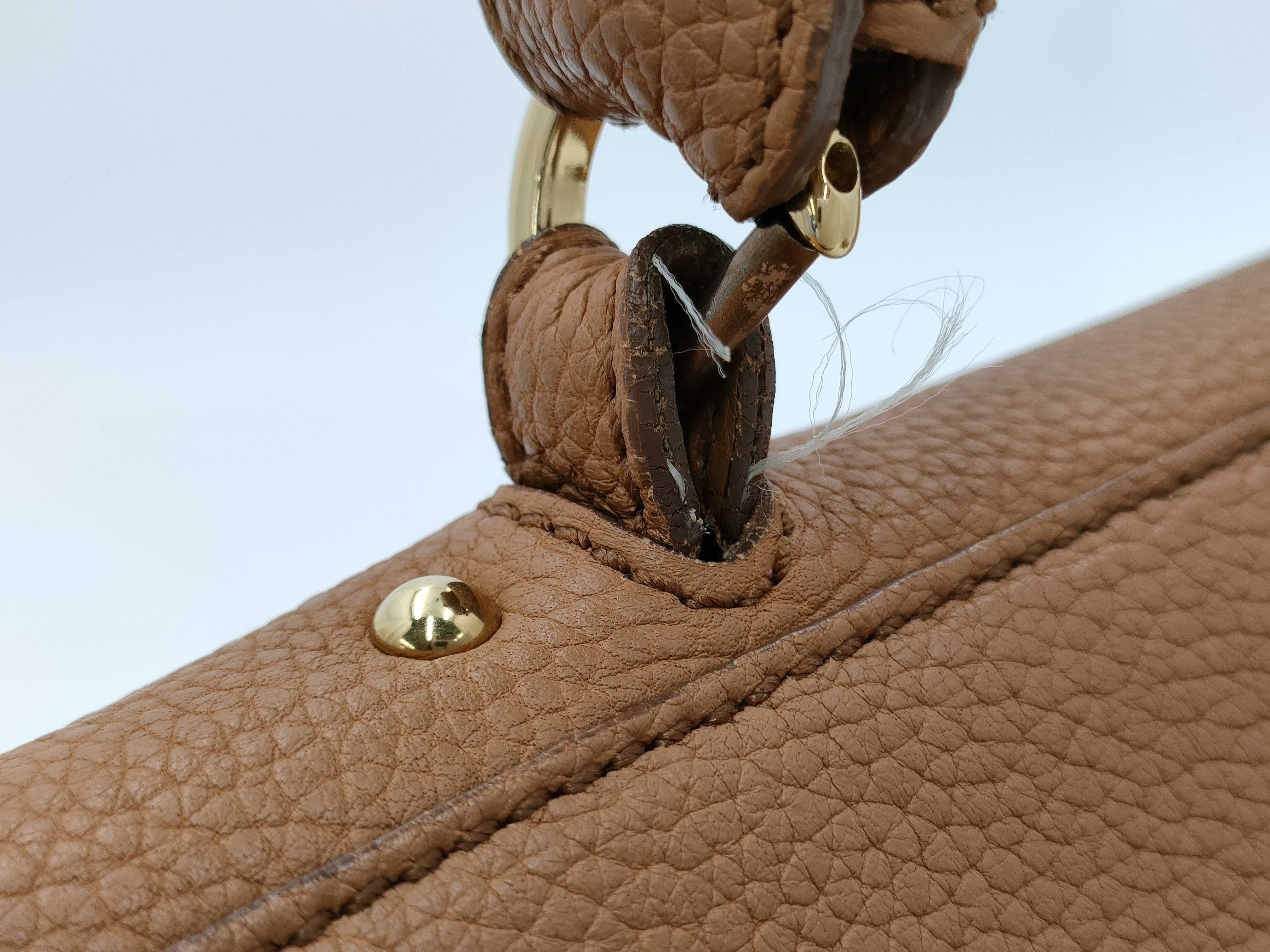 Salvatore Ferragamo Tan Pebbled Leather Gancini 2-Way Handbag with Gold Hardware