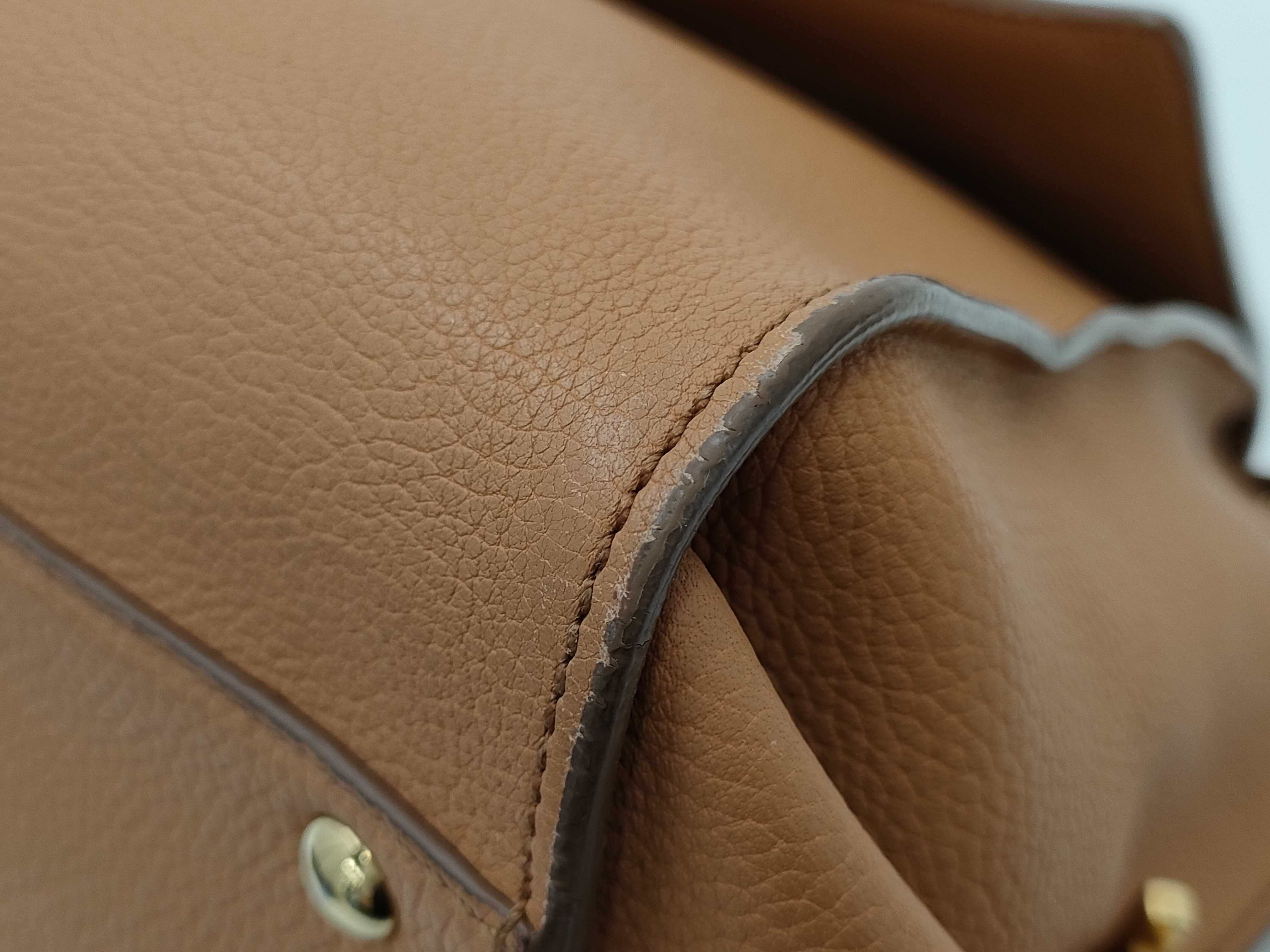 Salvatore Ferragamo Tan Pebbled Leather Gancini 2-Way Handbag with Gold Hardware