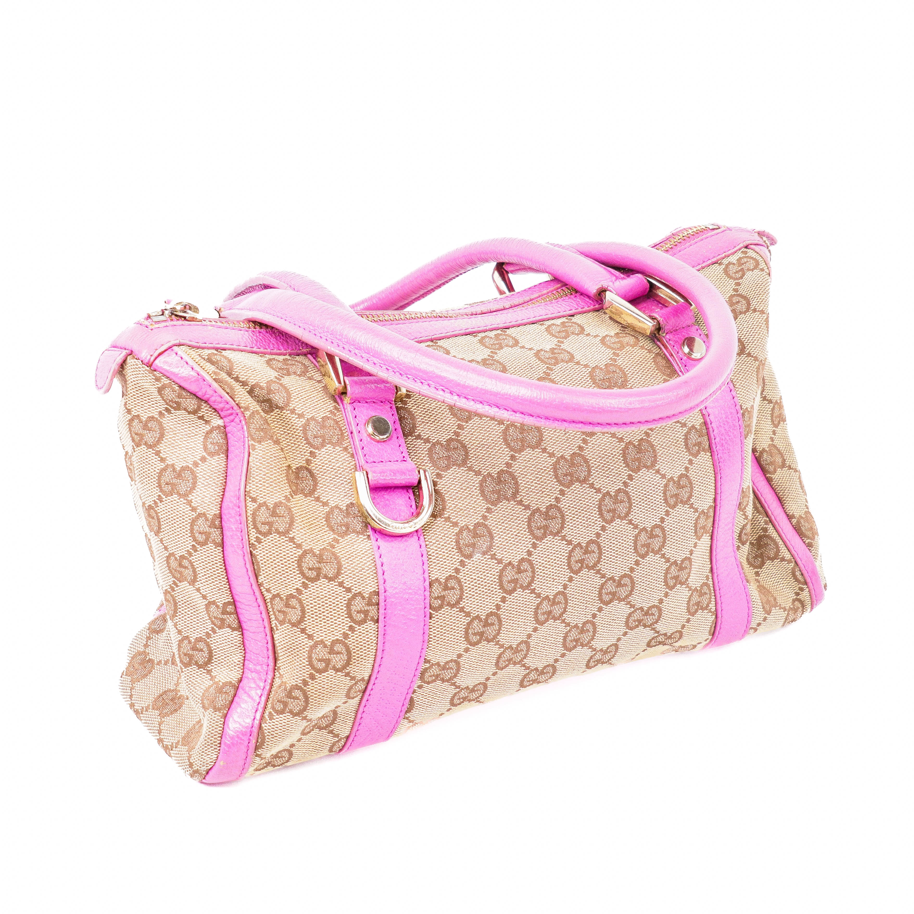 Gucci GG Canvas 130942 Handbag Brown Canvas Pink Leather Trim