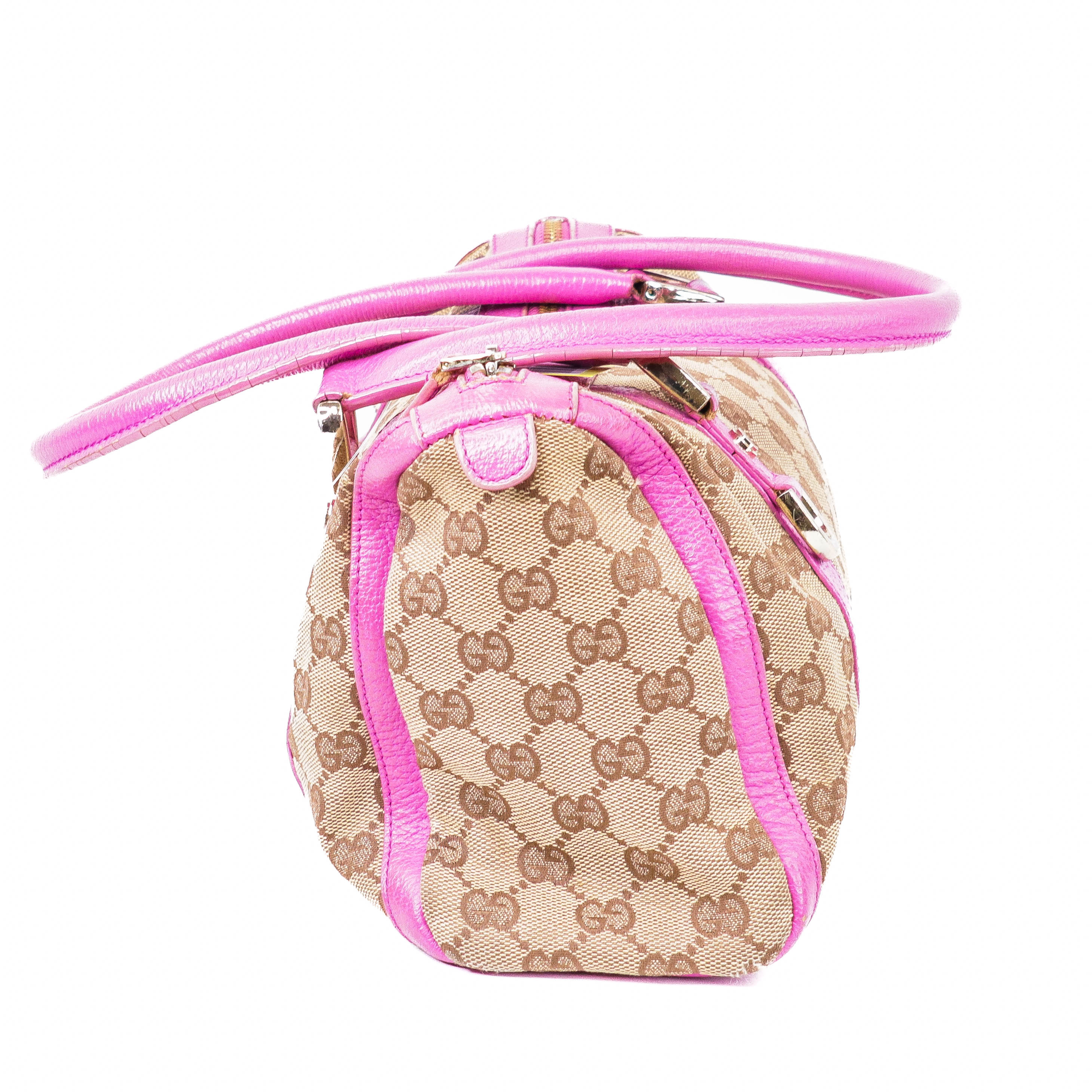 Gucci GG Canvas 130942 Handbag Brown Canvas Pink Leather Trim