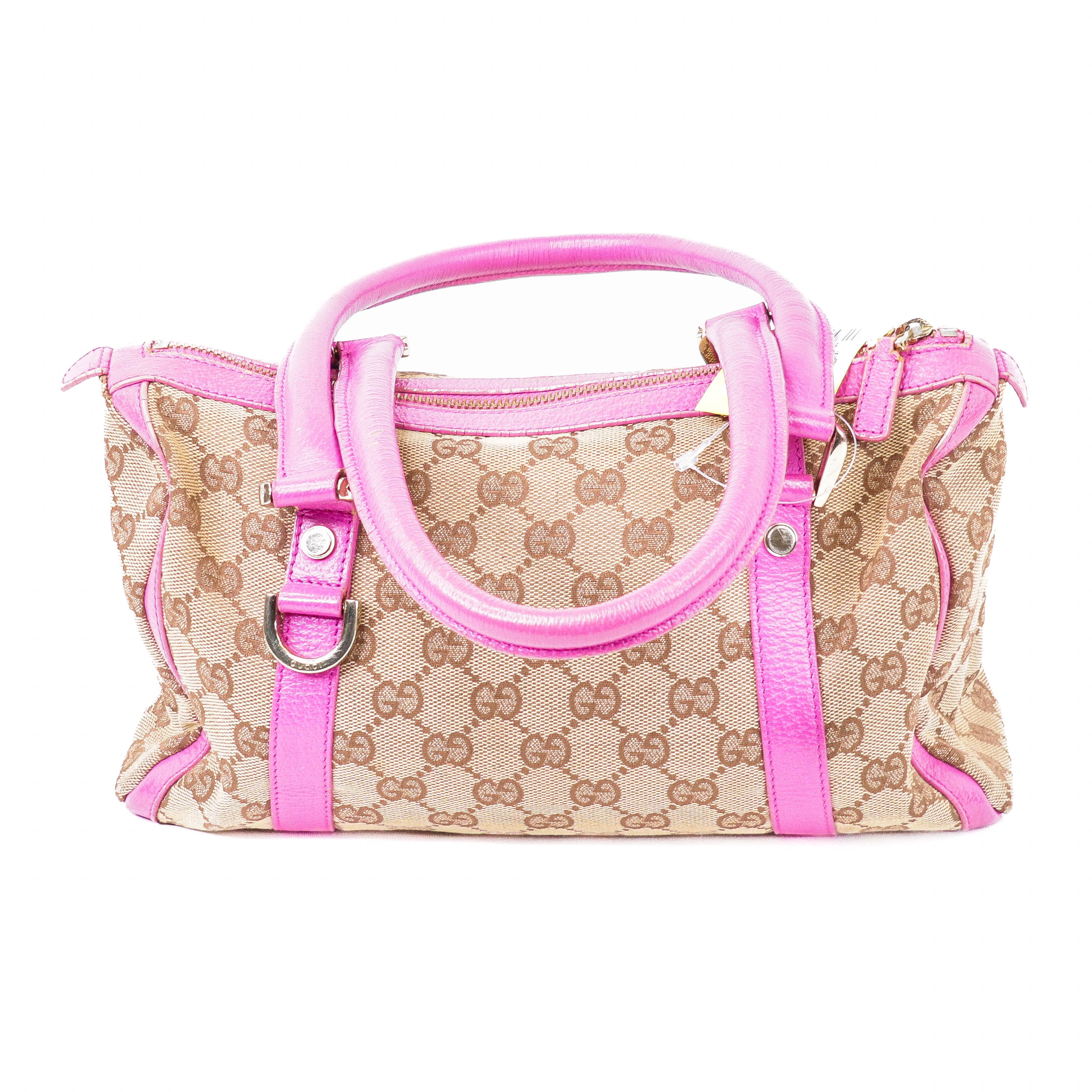 Gucci GG Canvas 130942 Handbag Brown Canvas Pink Leather Trim