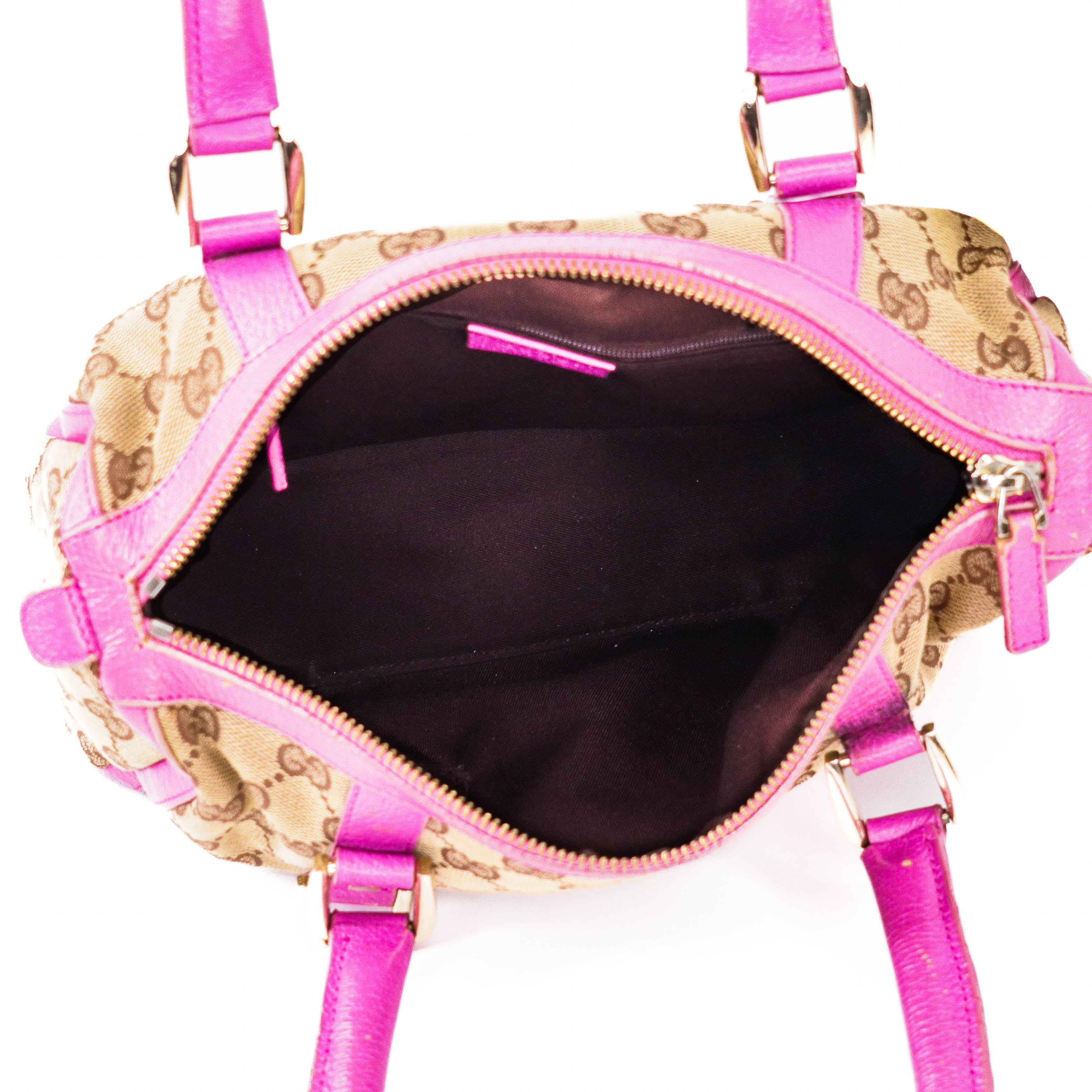 Gucci GG Canvas 130942 Handbag Brown Canvas Pink Leather Trim