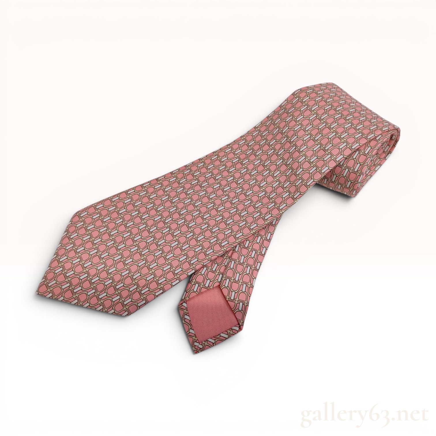 Hermes Pink Geometric Stirrup Motif Silk Necktie