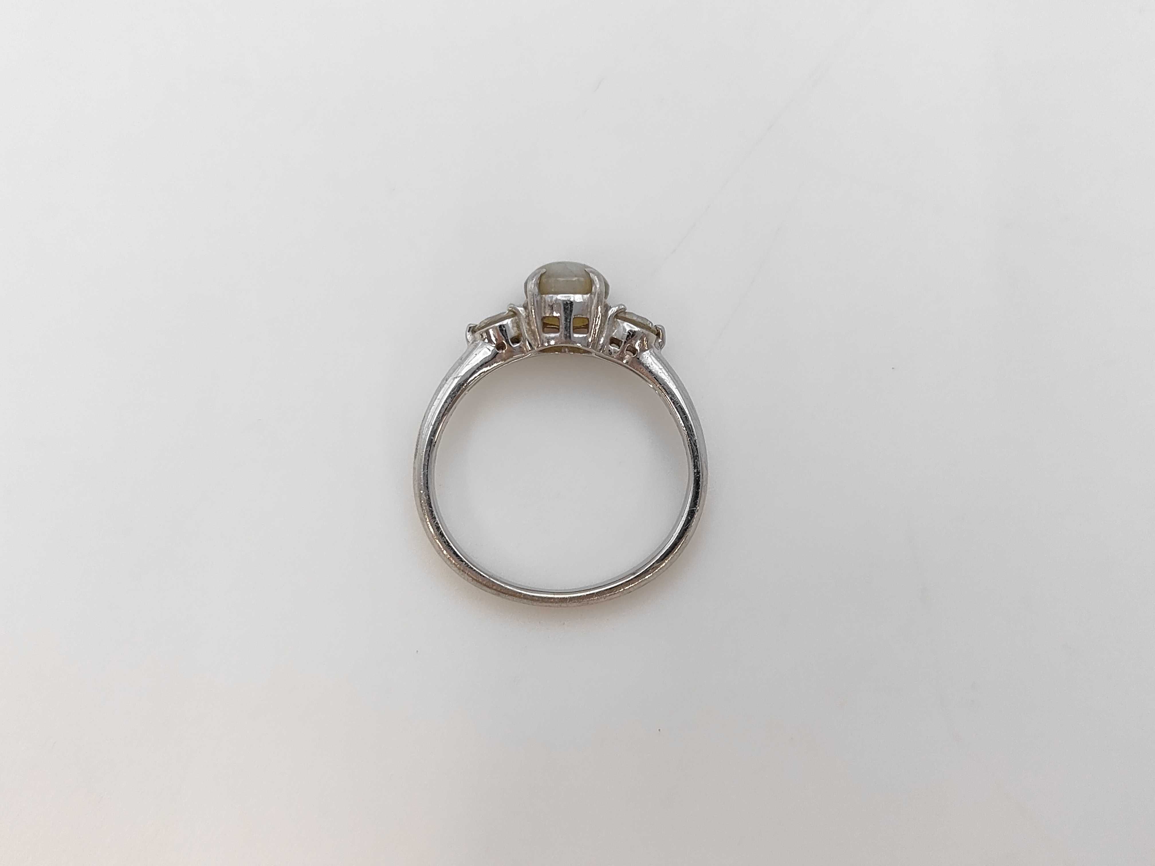 Platinum Chrysoberyl Cat's-Eye and Diamond Three-Stone Ring