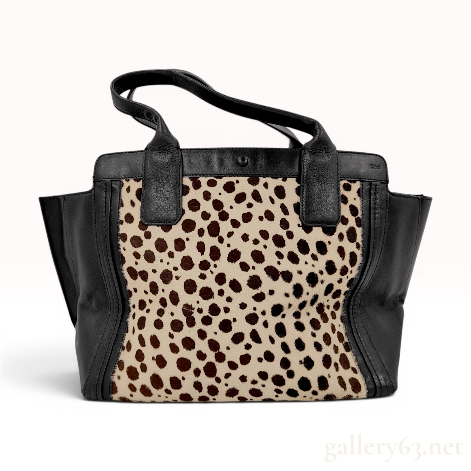 Chloe Alison Leopard Print Calf Hair and Black Leather Tote Bag