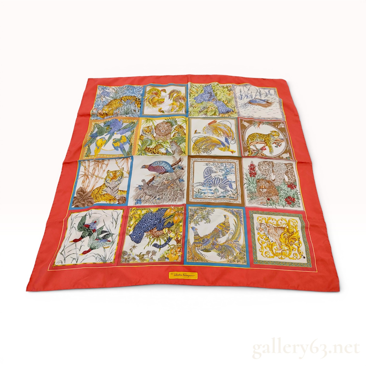 Salvatore Ferragamo Silk Animal Motif Scarf with Coral Red Border