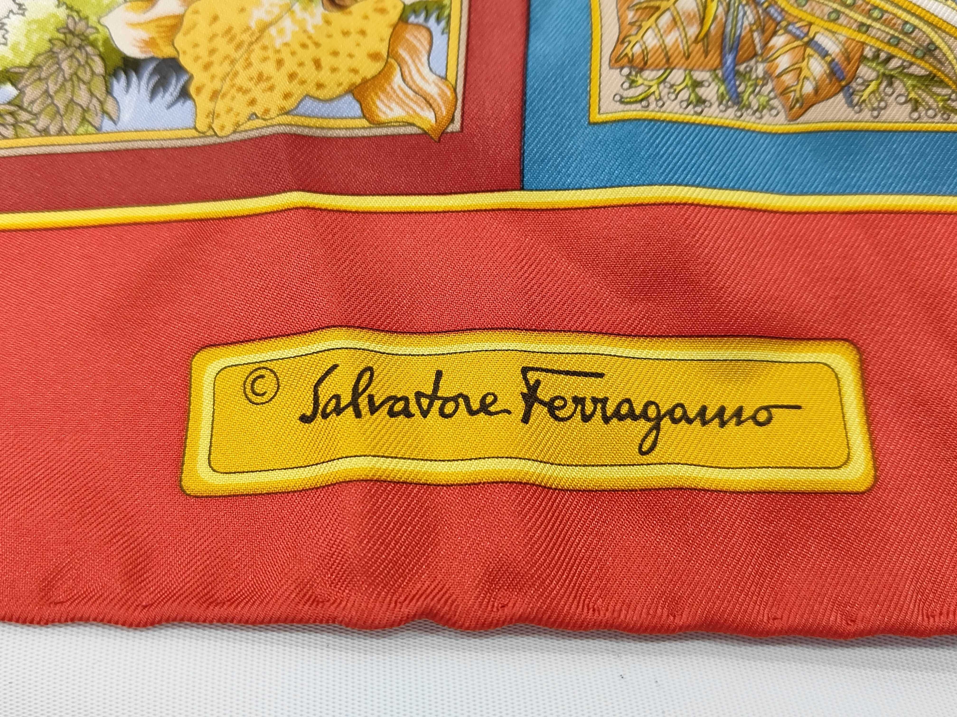 Salvatore Ferragamo Silk Animal Motif Scarf with Coral Red Border