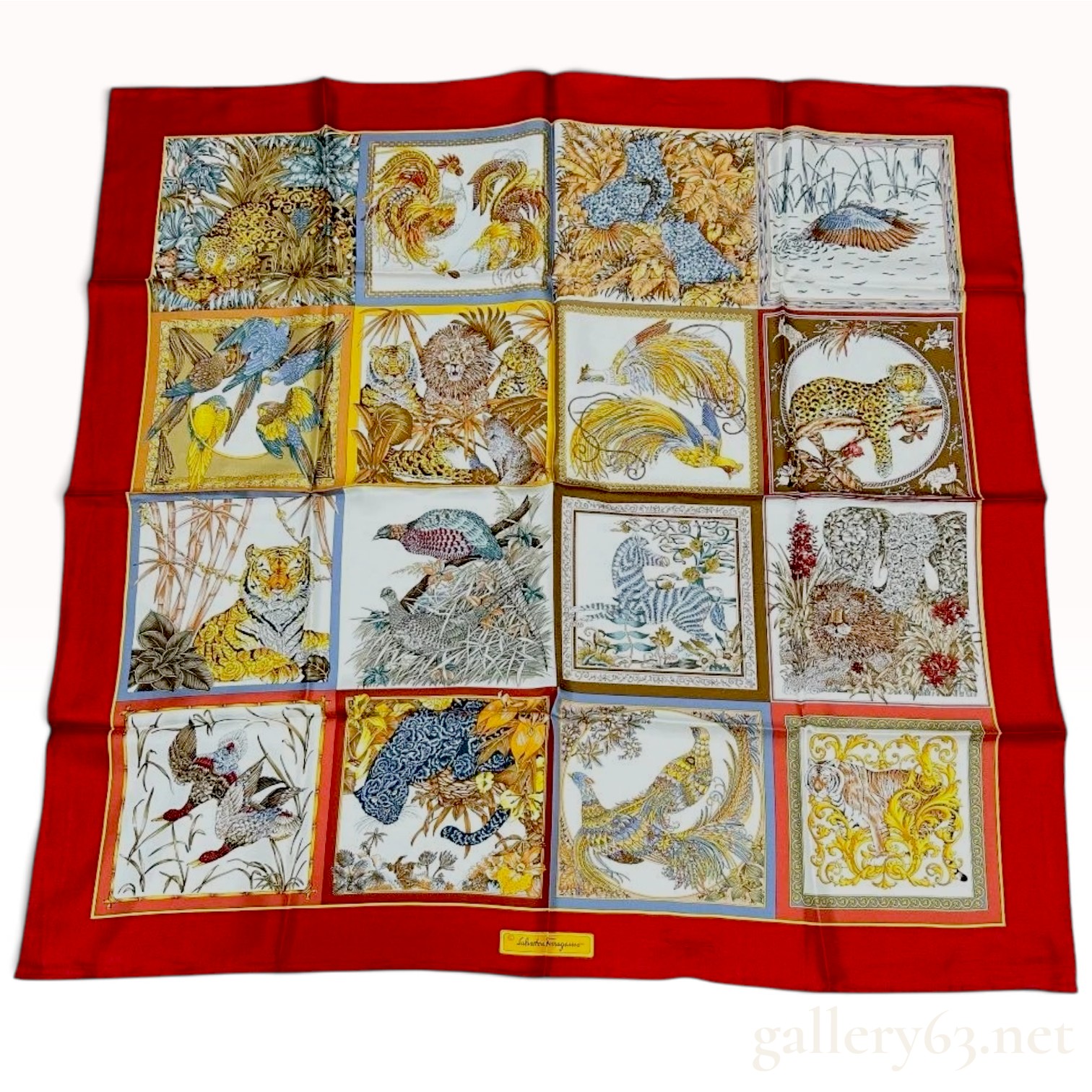 Salvatore Ferragamo Silk Animal Motif Scarf with Coral Red Border