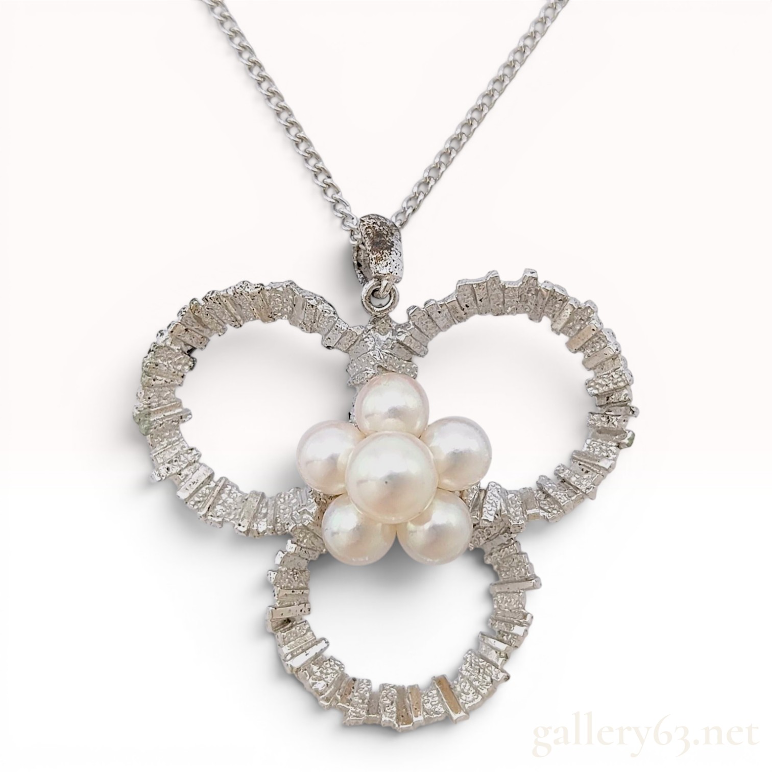 Mikimoto Cultured Pearl and Silver Textured Trefoil Pendant Necklace