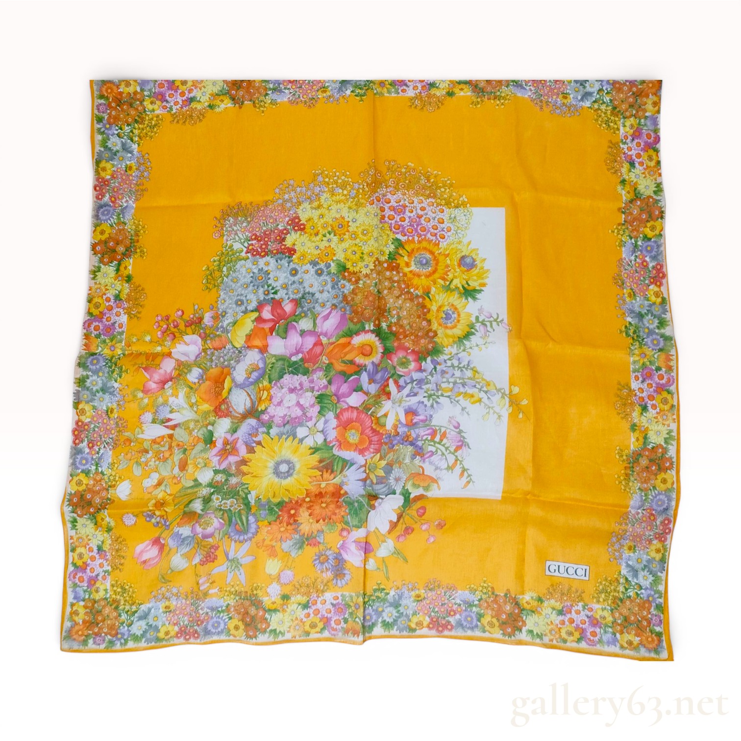 Vintage Gucci Flora Pattern Orange Linen Blend Scarf