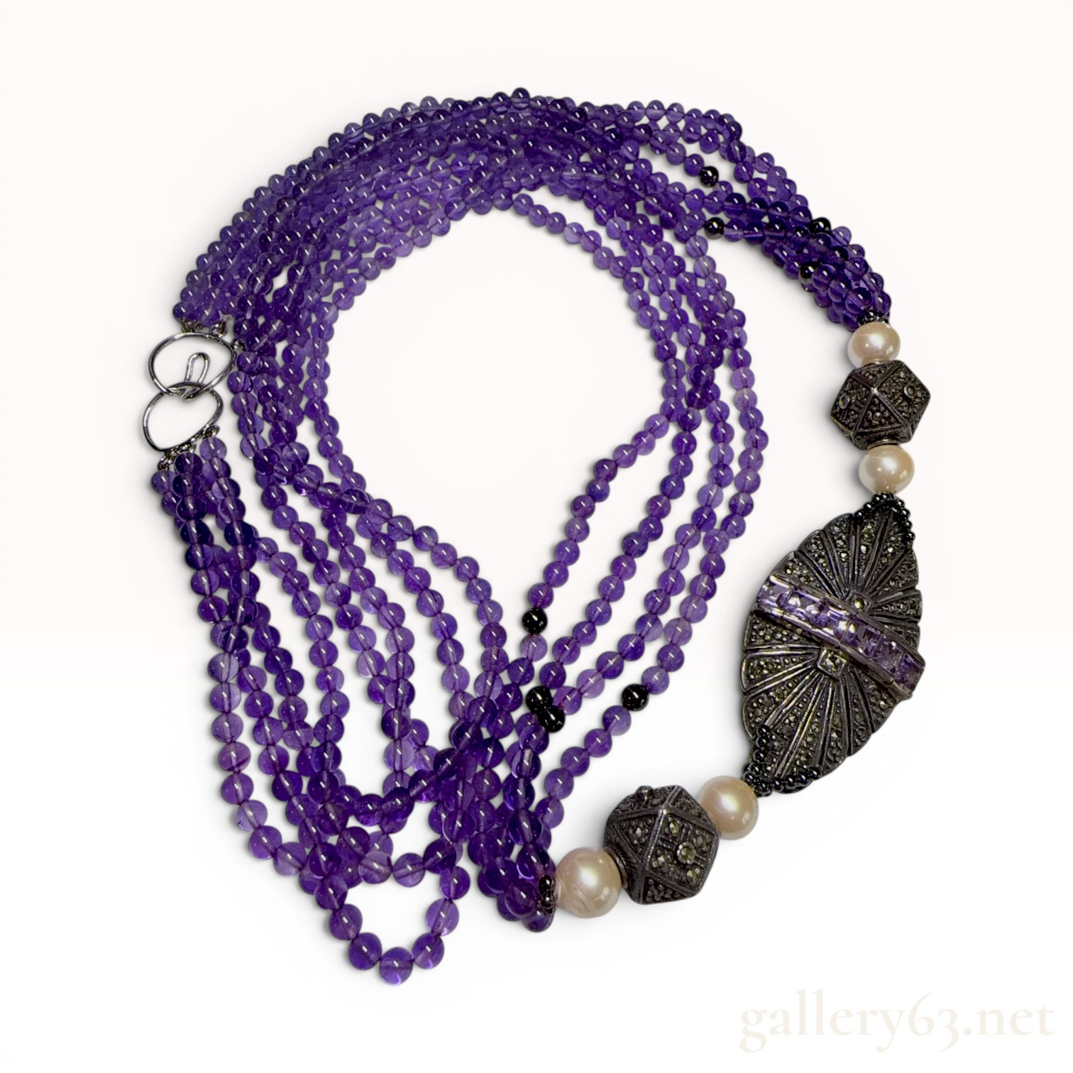 Sterling Silver Multi-Strand Amethyst Marcasite and Faux Pearl Necklace