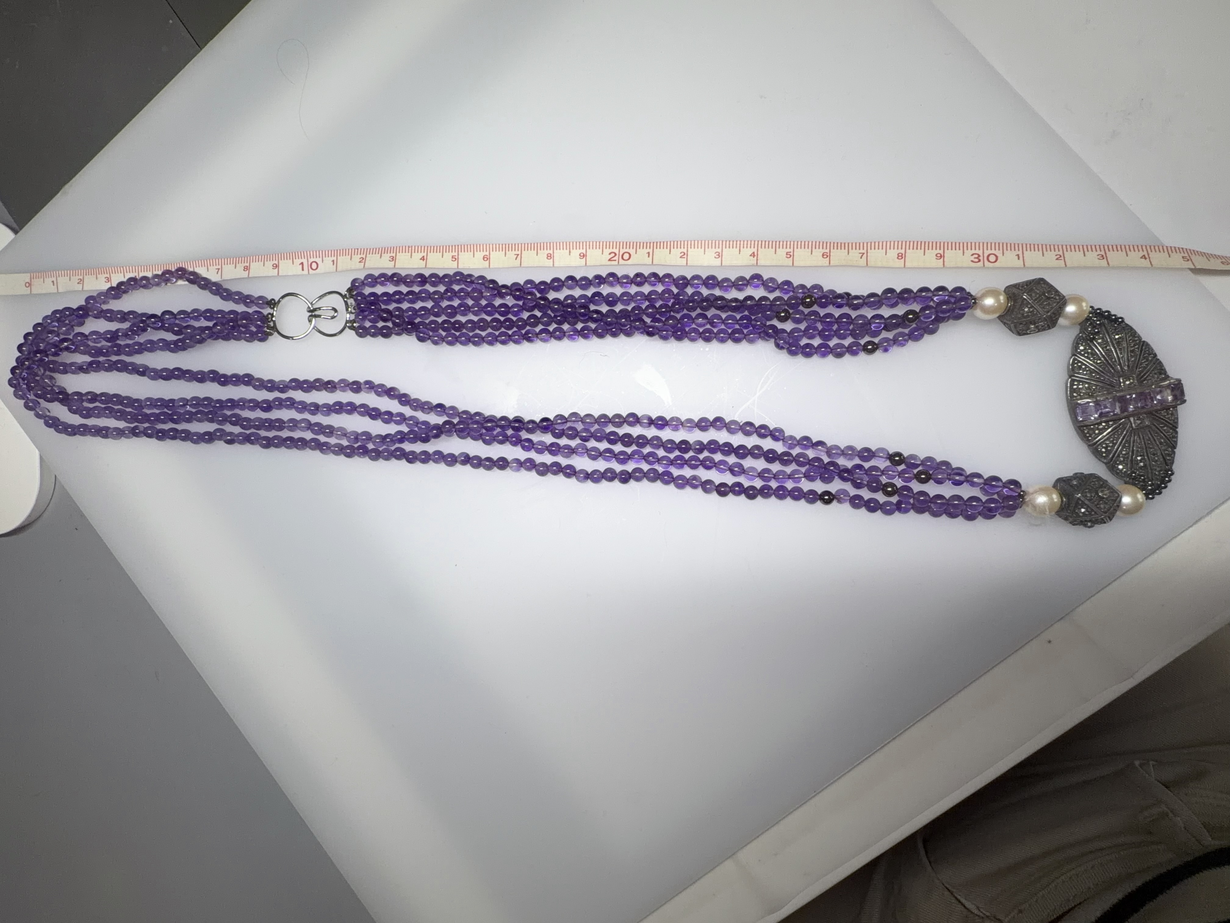 Sterling Silver Multi-Strand Amethyst Marcasite and Faux Pearl Necklace