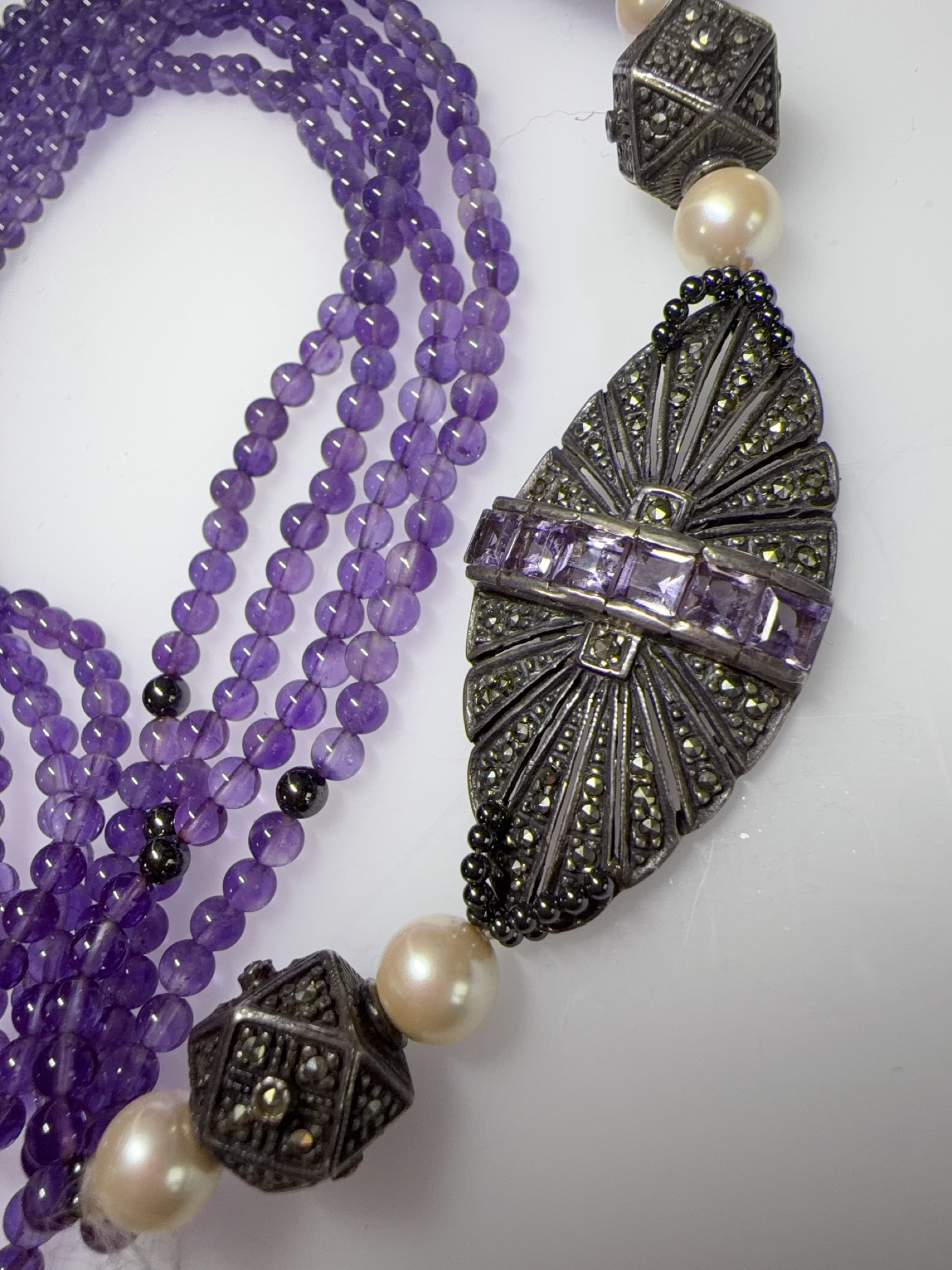 Sterling Silver Multi-Strand Amethyst Marcasite and Faux Pearl Necklace