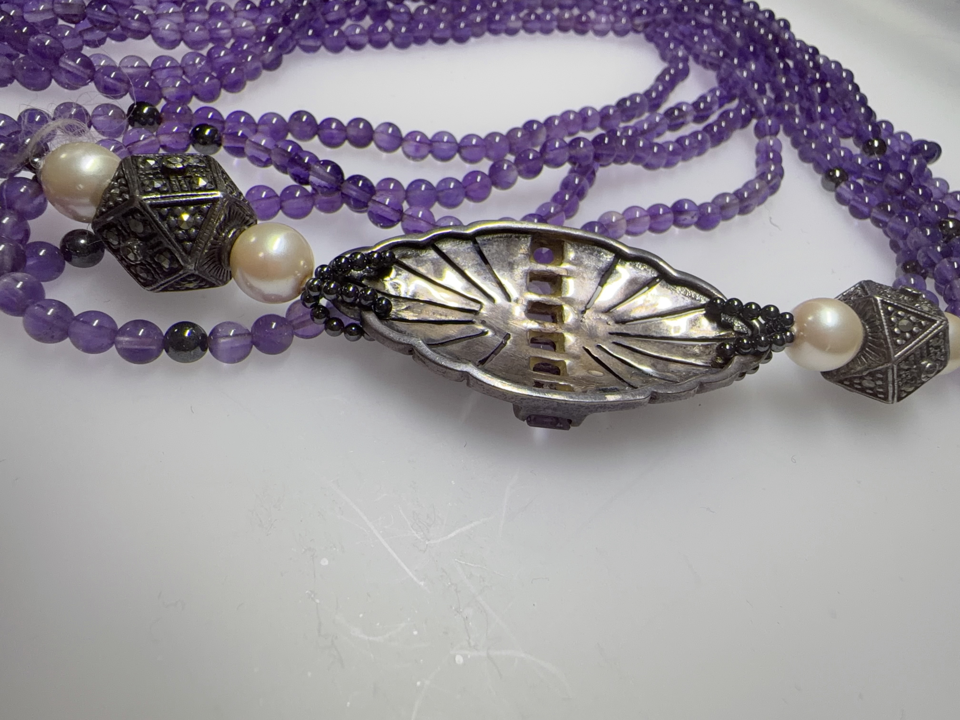 Sterling Silver Multi-Strand Amethyst Marcasite and Faux Pearl Necklace