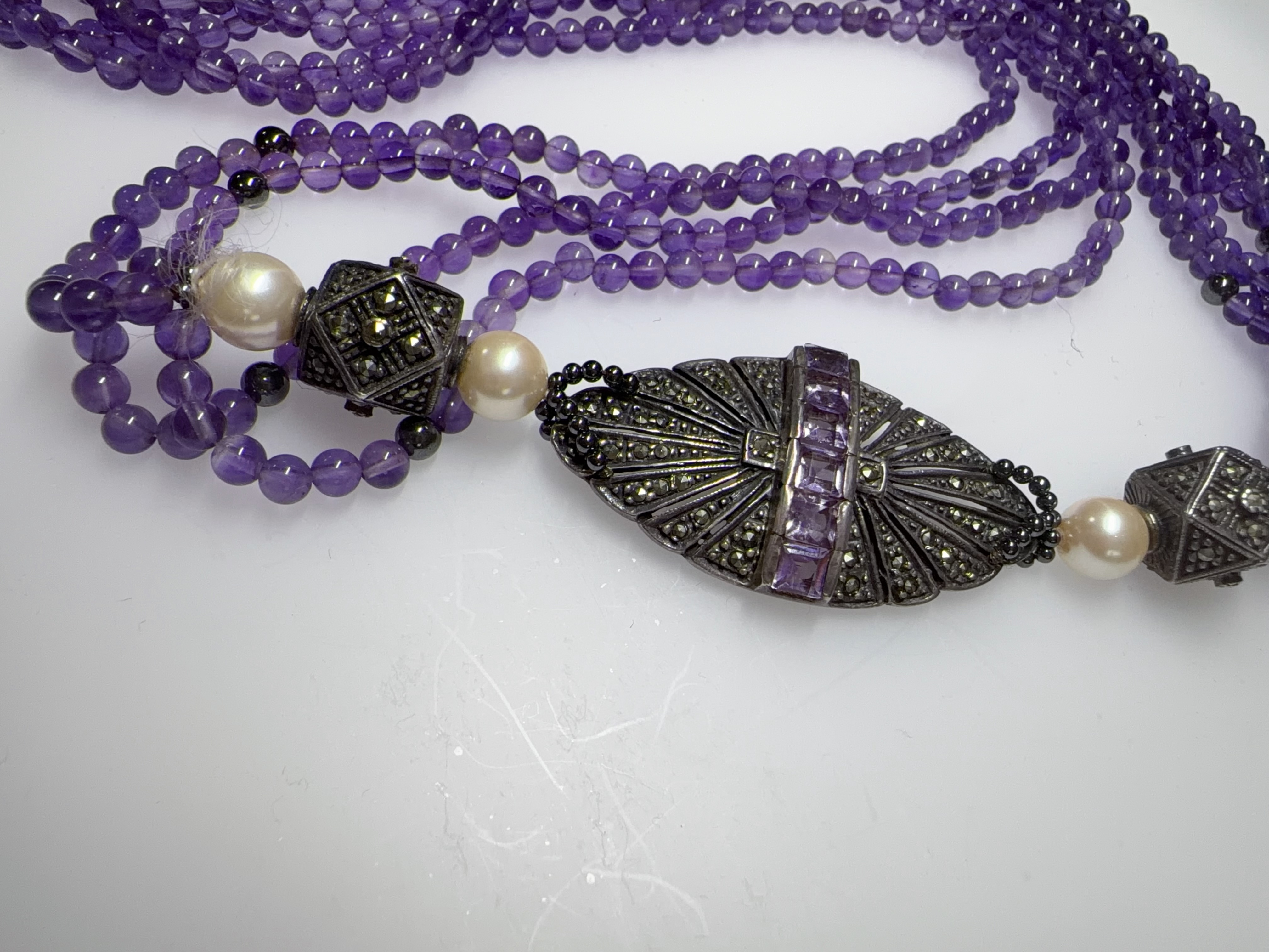 Sterling Silver Multi-Strand Amethyst Marcasite and Faux Pearl Necklace