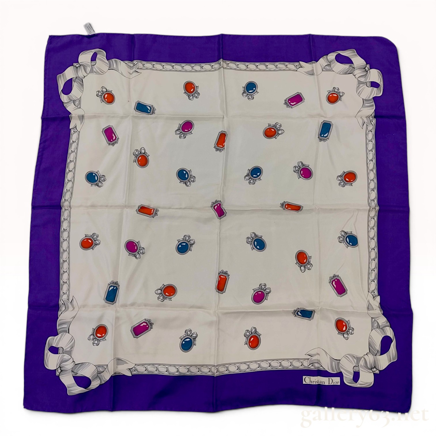 Christian Dior Vintage Italian Silk Gemstone Pattern Square Scarf with Box