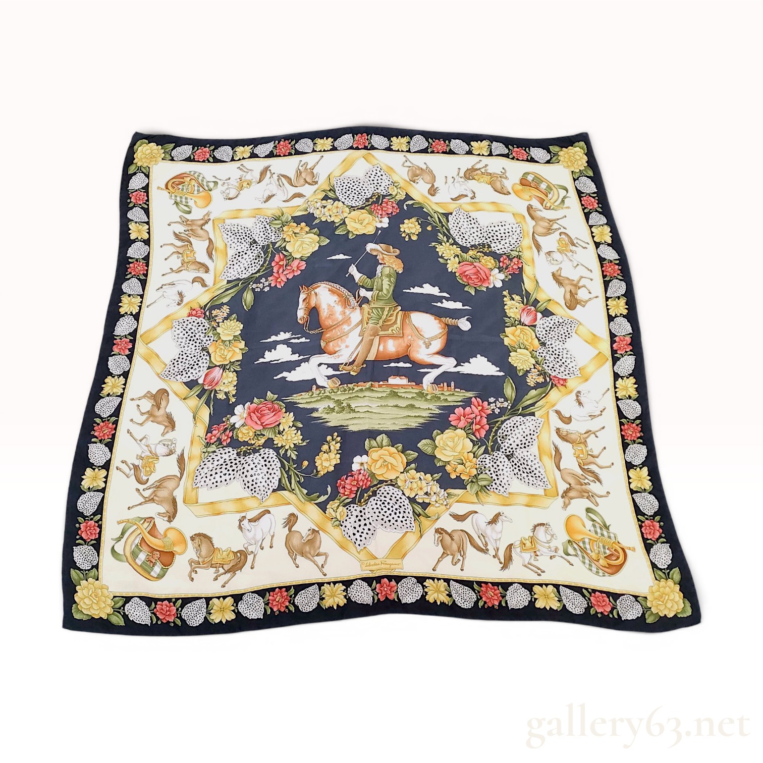 Salvatore Ferragamo Vintage Silk Equestrian Motif Scarf