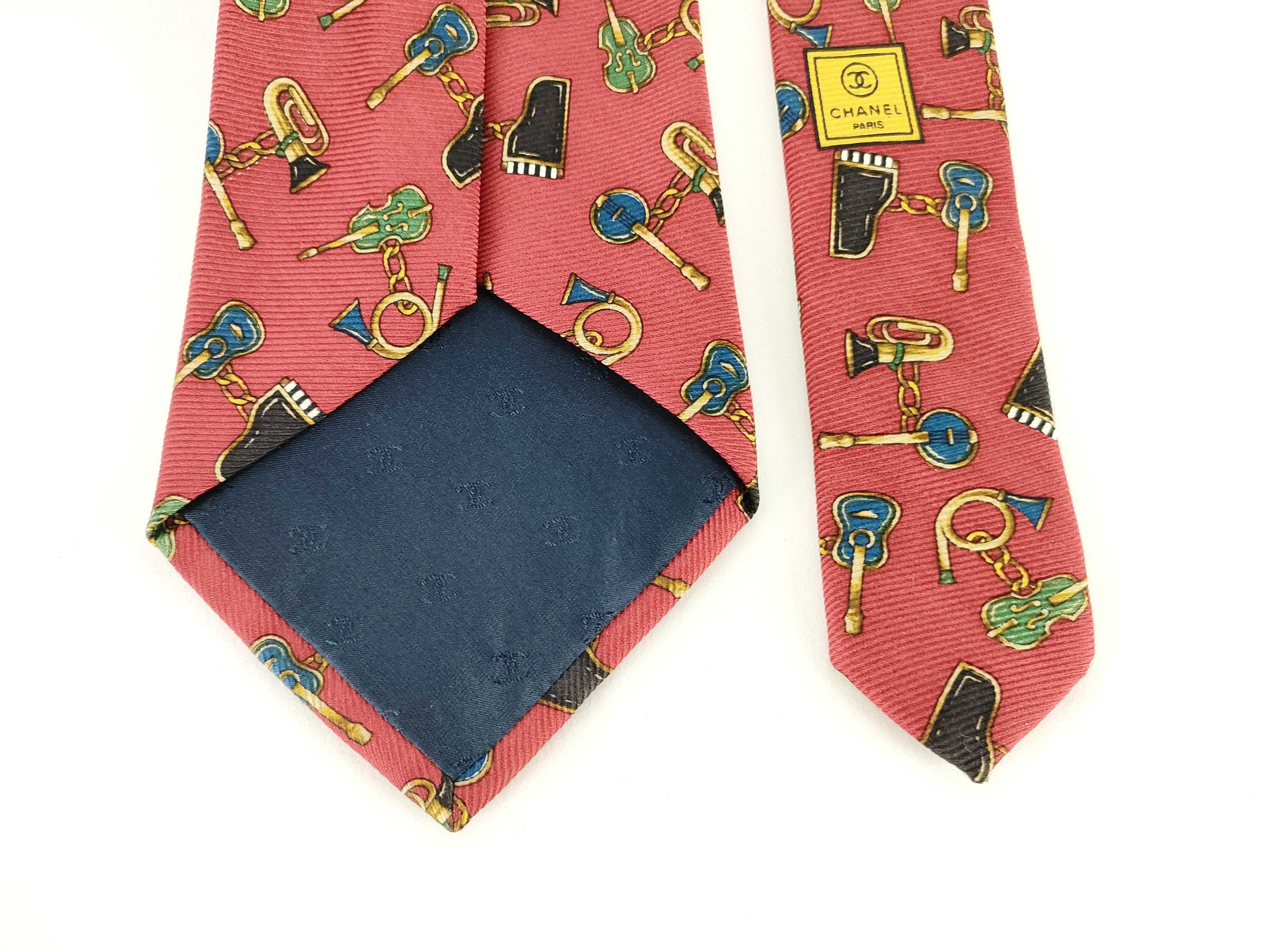 Chanel Red Silk Novelty Print Musical Instrument Necktie