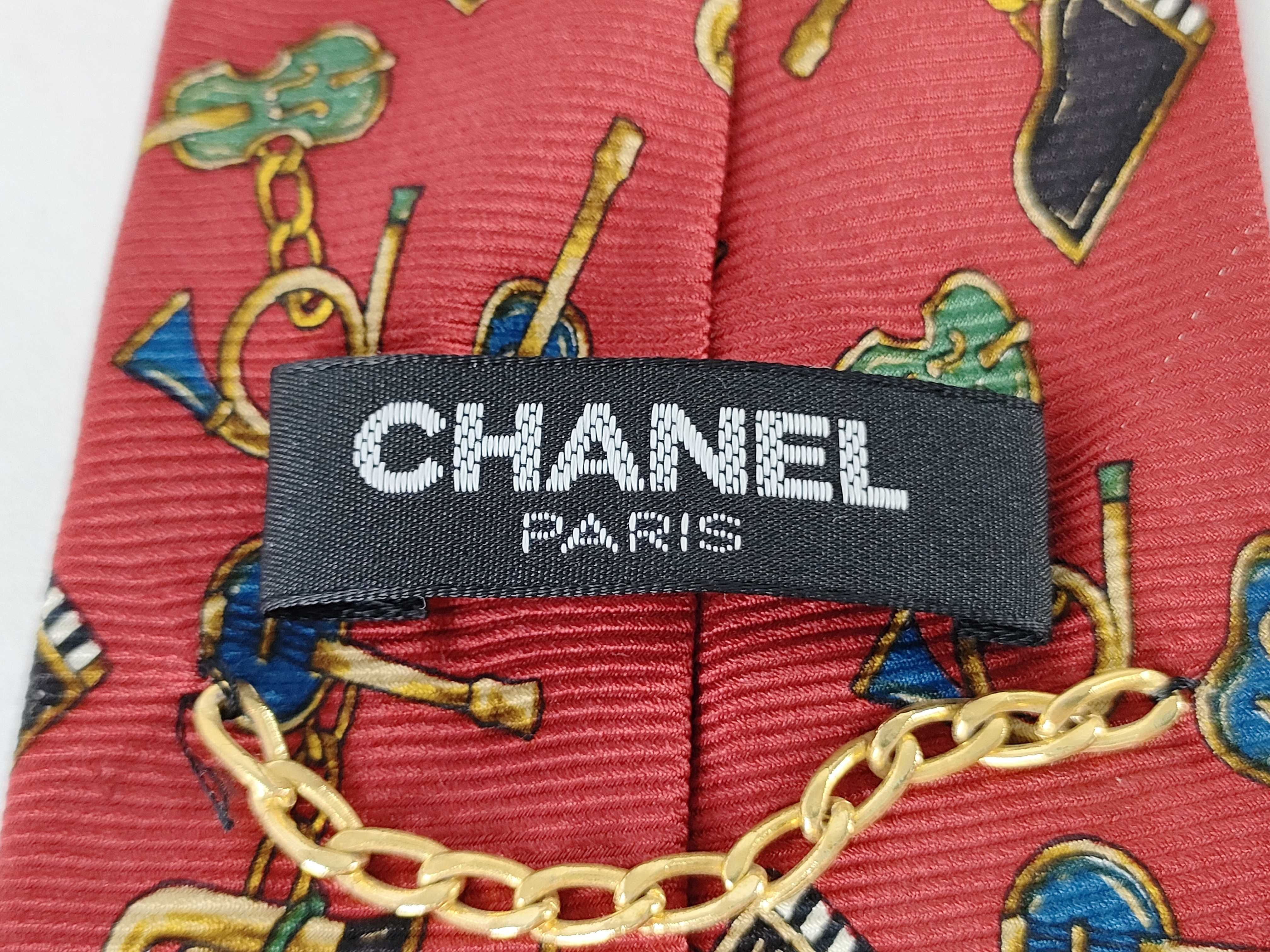 Chanel Red Silk Novelty Print Musical Instrument Necktie
