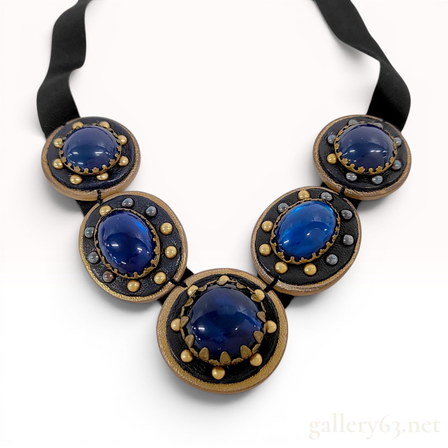 Miu Miu Blue Cabochon and Faux Pearl Leather Bib Collar Necklace