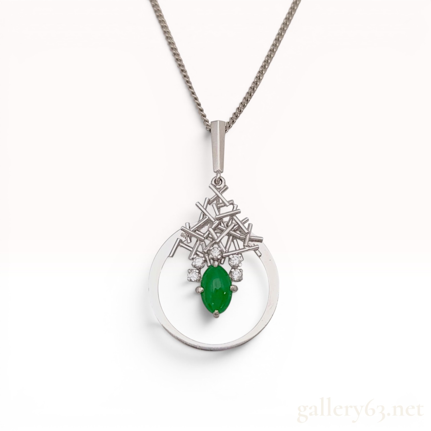 Japanese Modernist.900 Platinum Jadeite Jade and Diamond Pendant Necklace