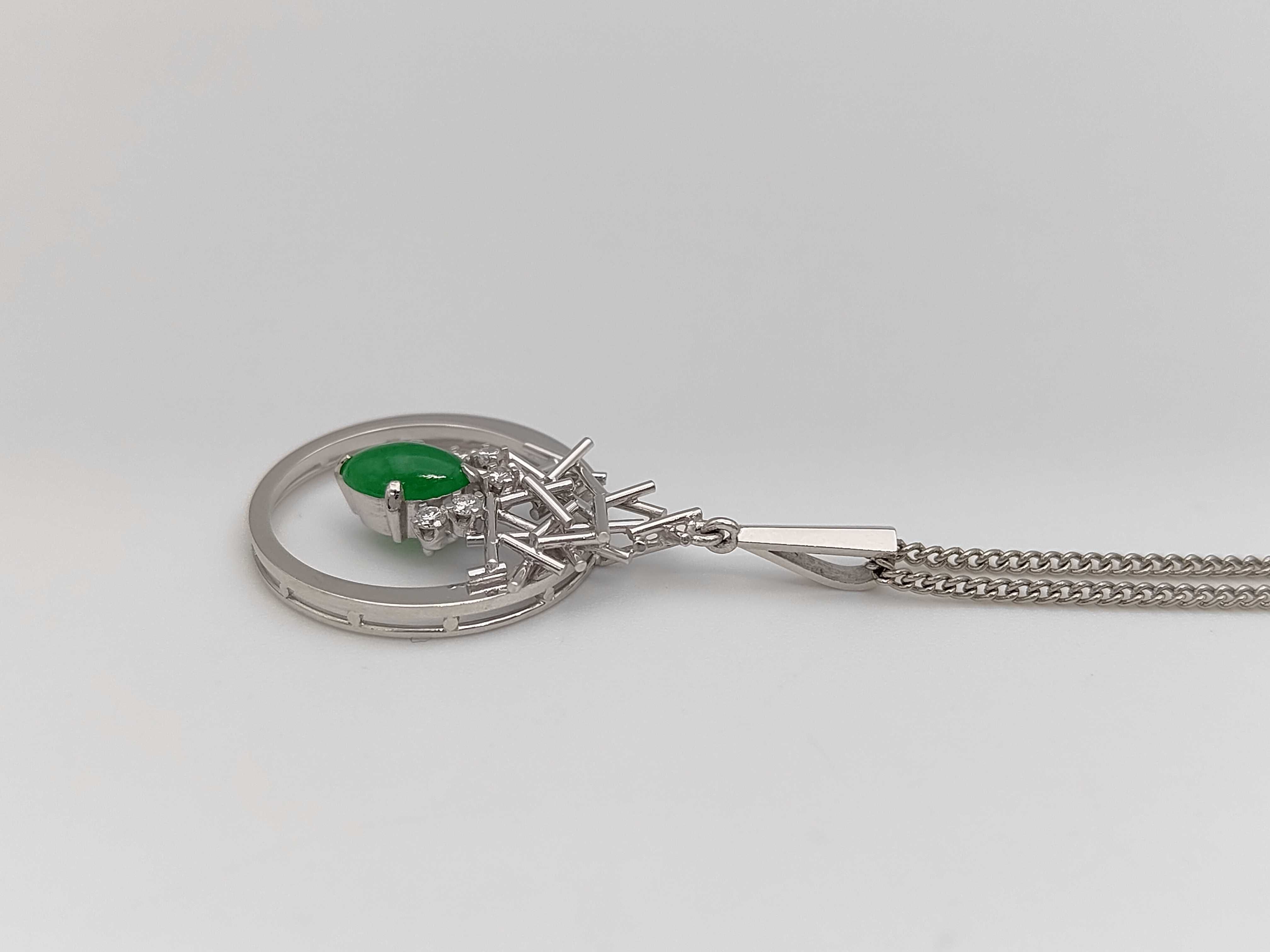 Japanese Modernist.900 Platinum Jadeite Jade and Diamond Pendant Necklace