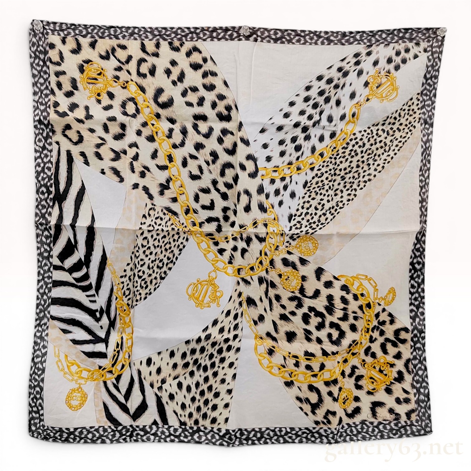 Christian Dior Animal Print and Gold Chain Logo Silk Square Scarf