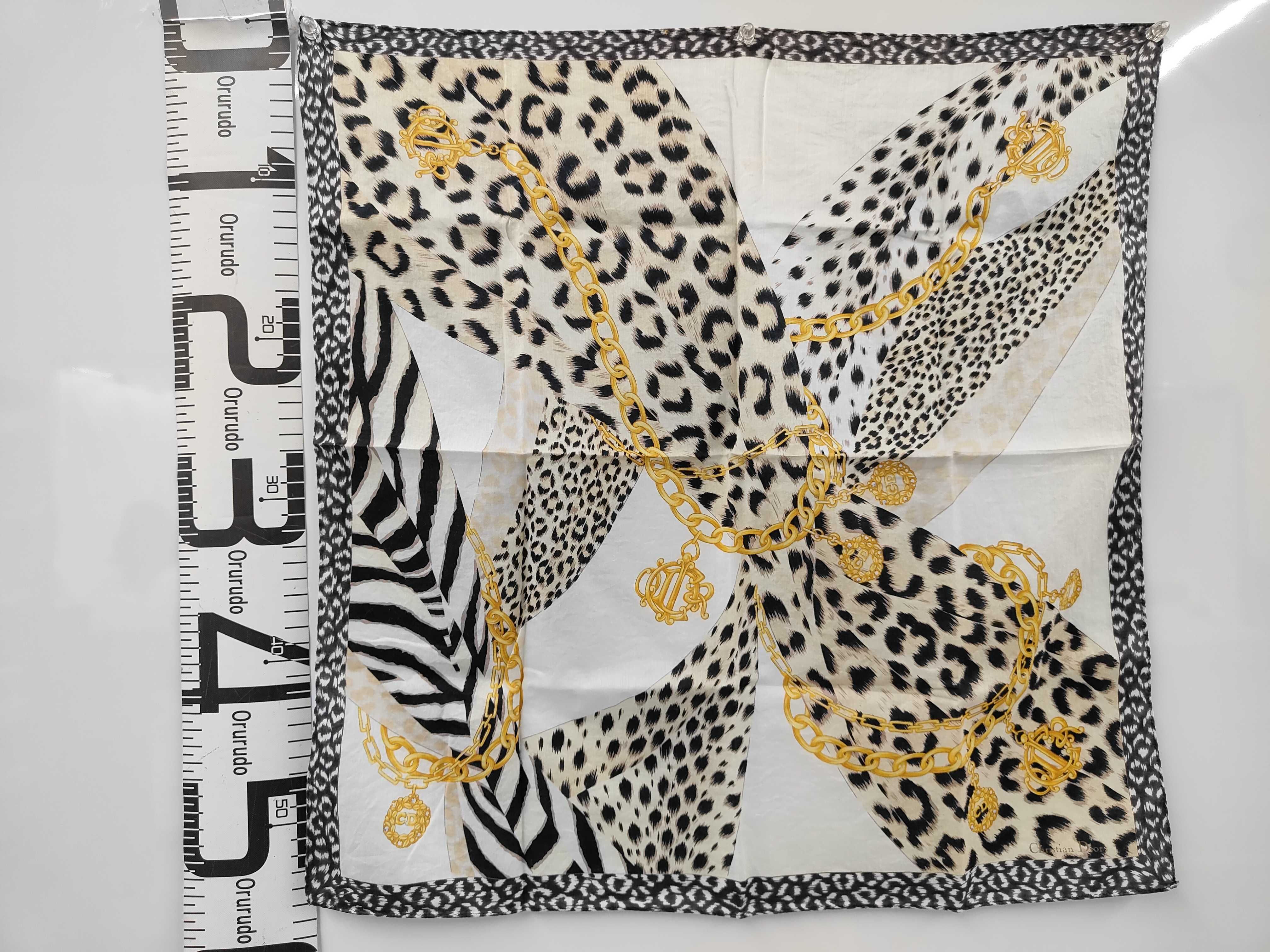 Christian Dior Animal Print and Gold Chain Logo Silk Square Scarf