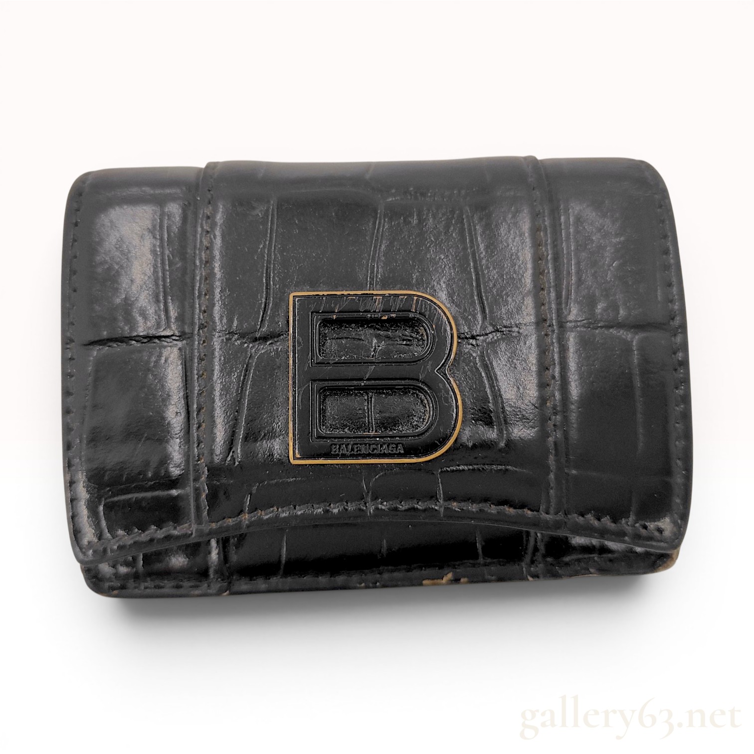 Balenciaga Hourglass Mini Trifold Wallet in Black Croc-Embossed Leather
