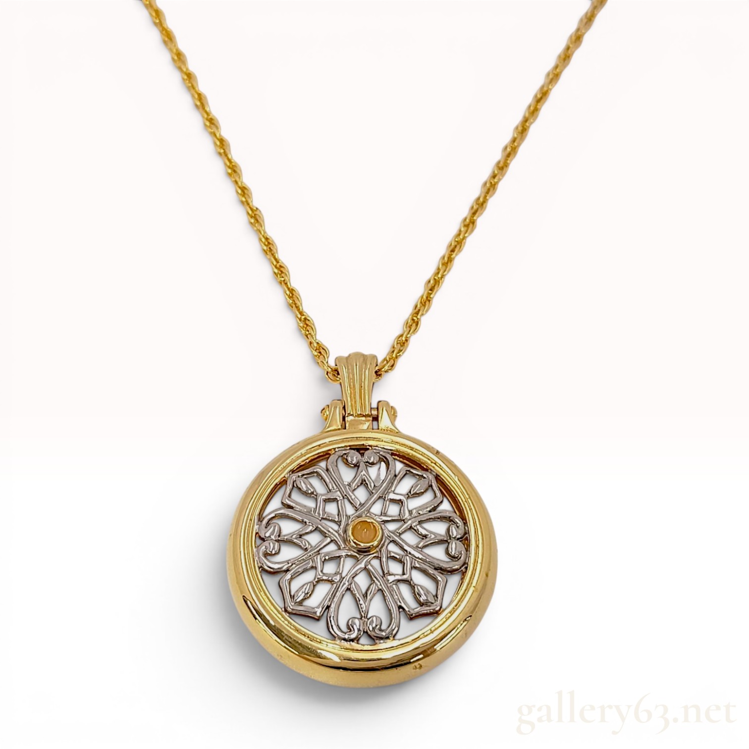 Mikimoto International Two Tone Filigree Magnifying Glass Pendant Necklace