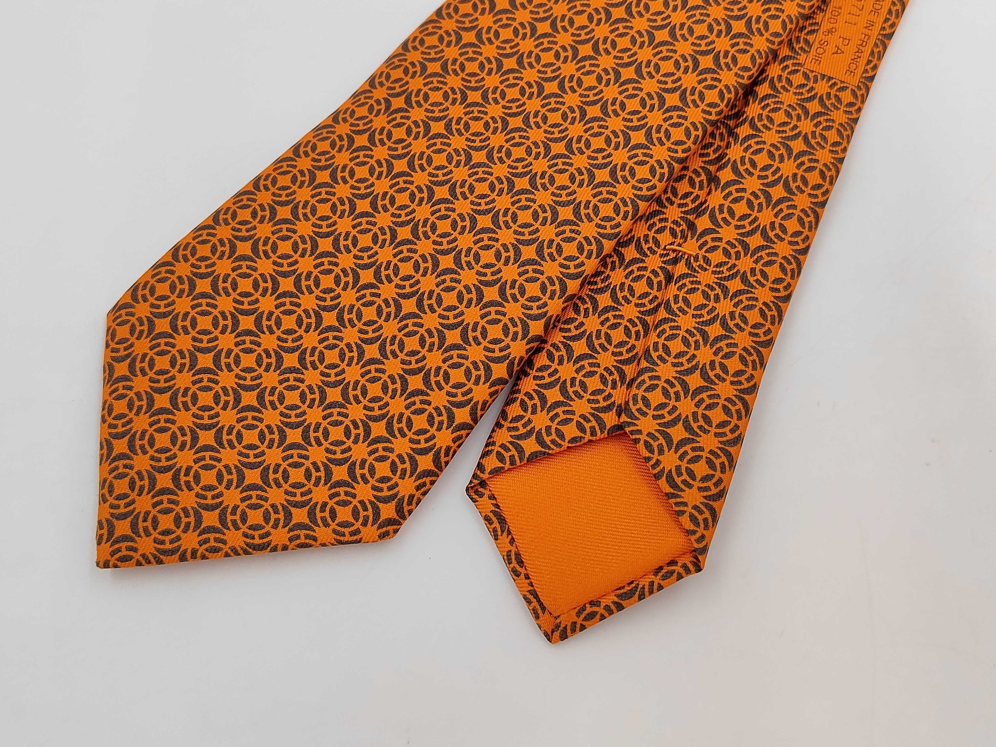 Hermes Orange Geometric H Circle Logo Silk Necktie