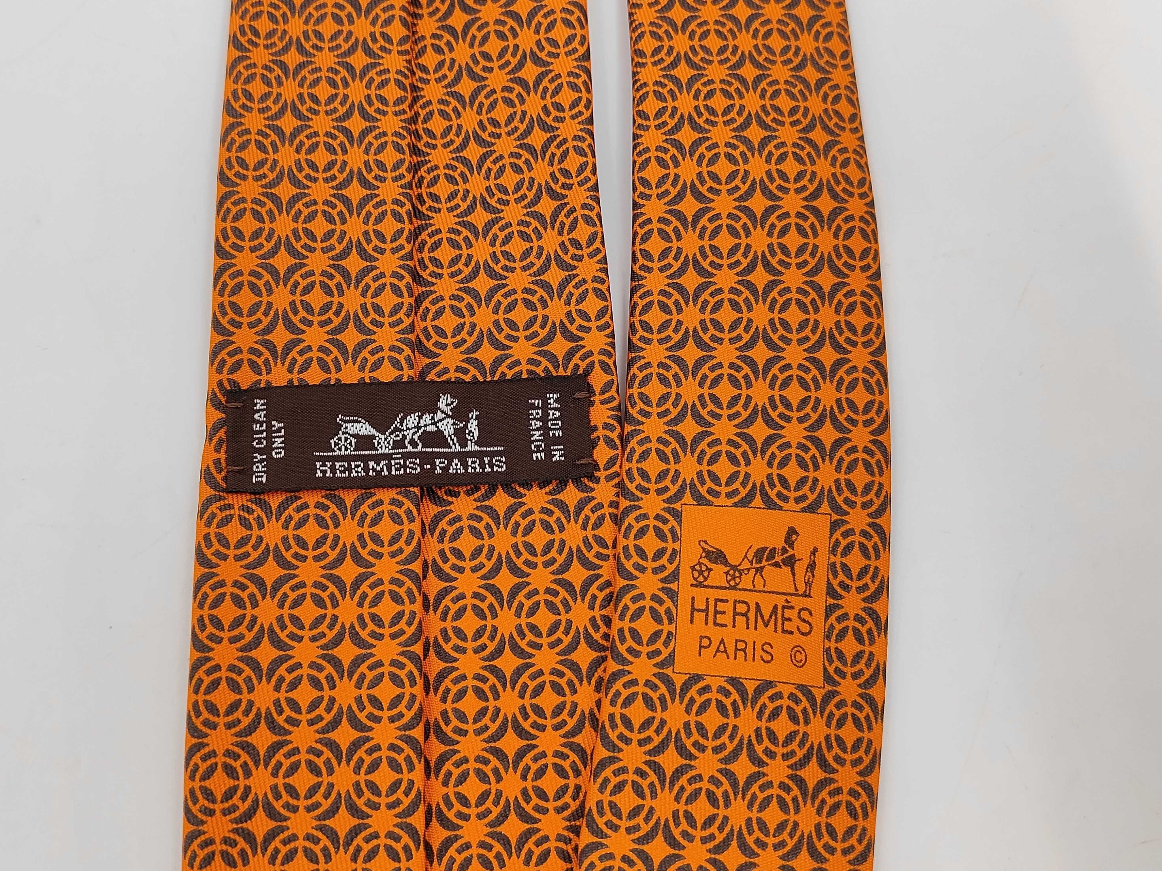 Hermes Orange Geometric H Circle Logo Silk Necktie