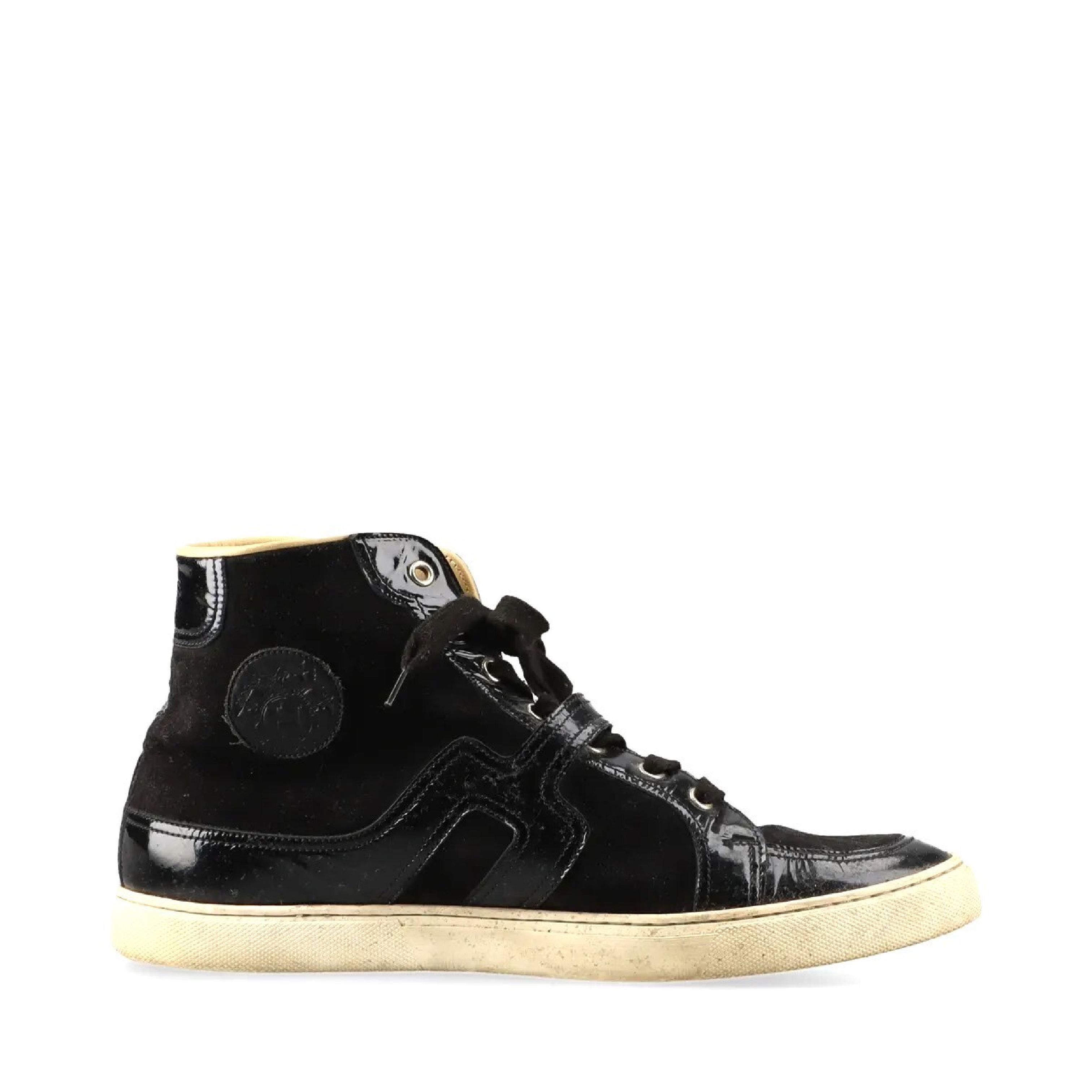 A Pair of Hermes Black Suede and Patent Leather Quantum High-Top Sneakers