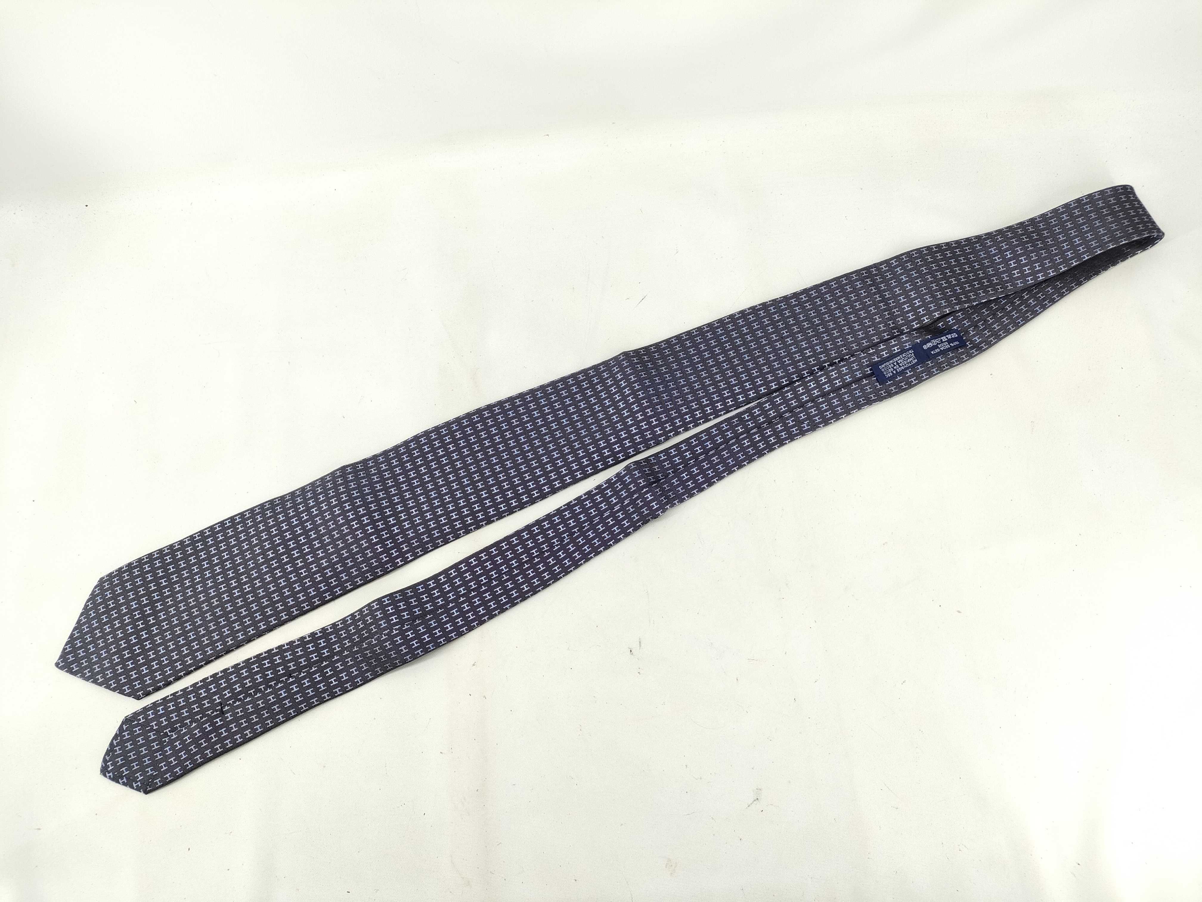 Hermes Faconnee H Pattern Silk Necktie in Gray and Light Blue